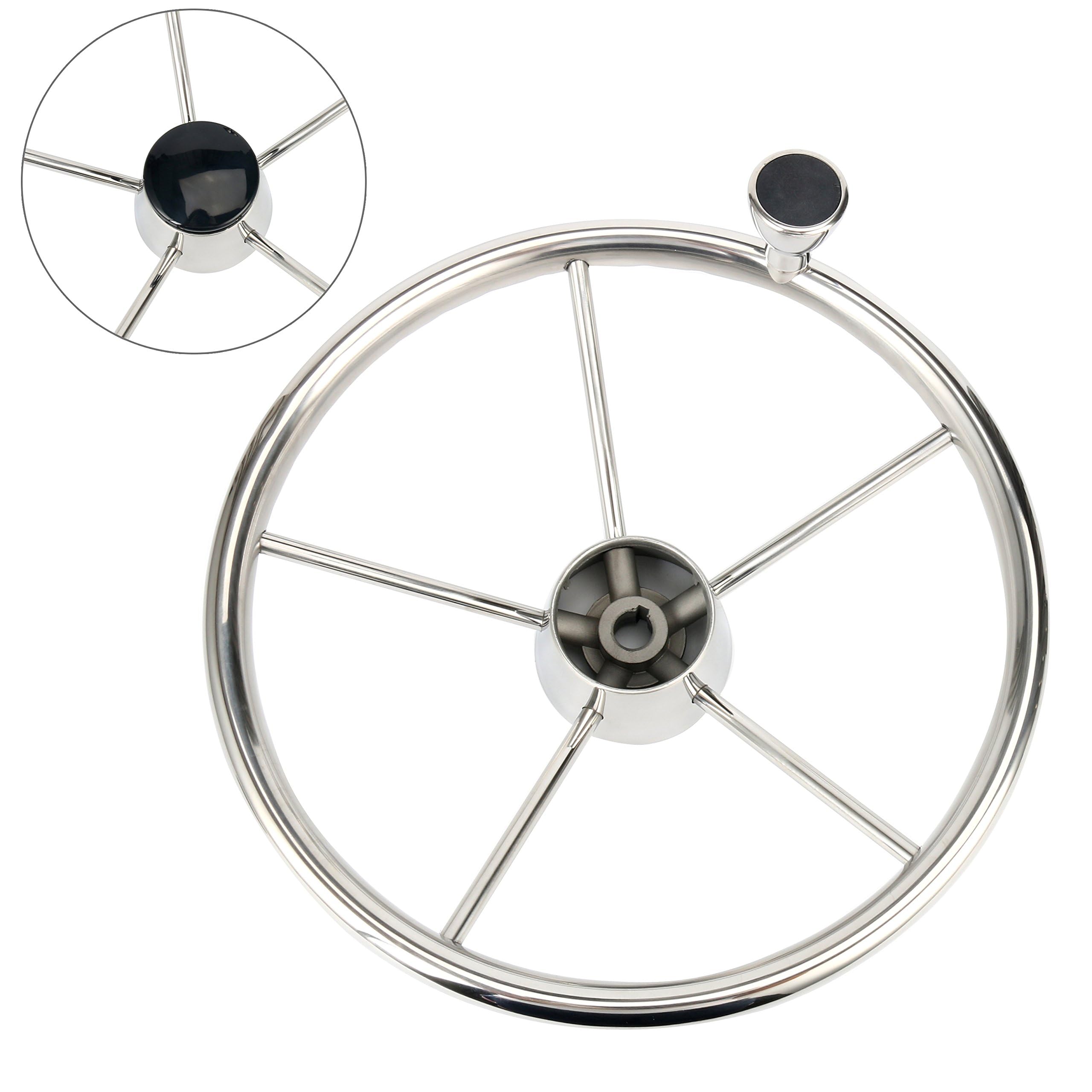 BOOMSTART Timone per barca 5 razze Ø 343 mm (13 1/2 pollici) argento con coperchio nero e pulsante taglia M, per barca a pontone, yacht universale