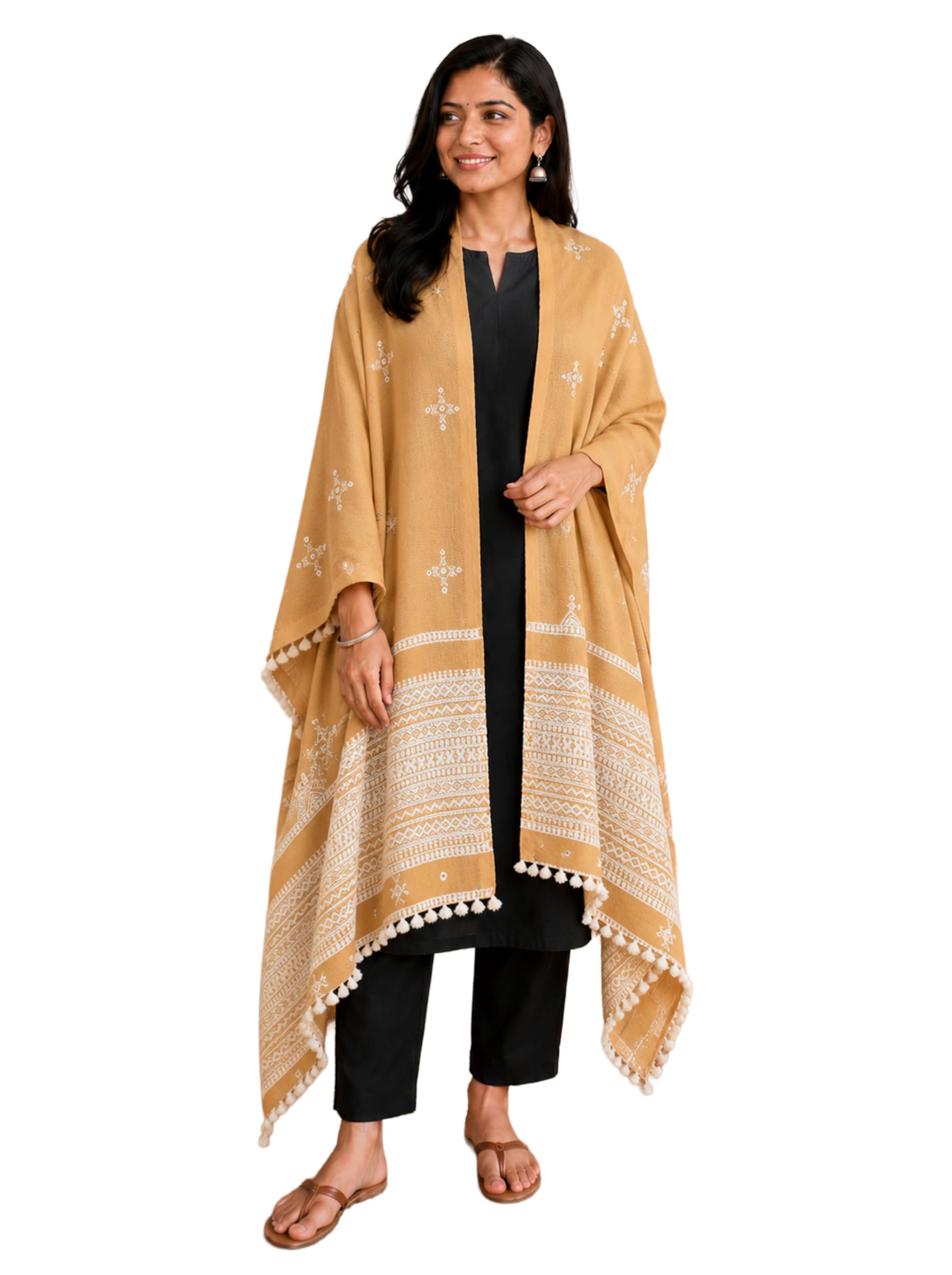Women Simple Mirror Work Wool Hand Embroidered Shawl with Tassels - 2.1 Mtr Length (Cream 17101A)-image-38