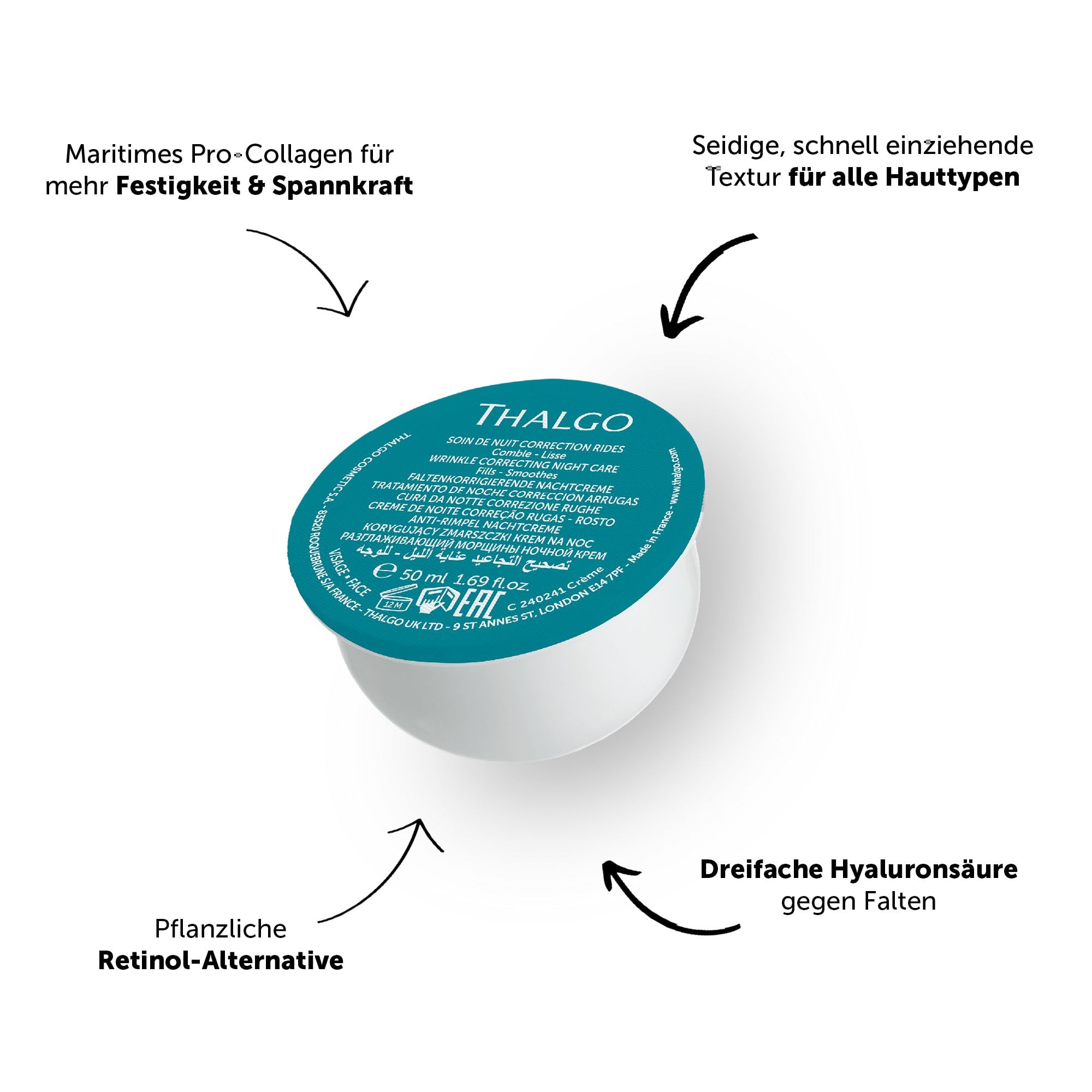 THALGO Hyalu-Procollagène Anti-Aging Creme 50 ml (Refill) – Faltenkorrigierende Gesichtscreme mit Hyaluron & Kollagen – Reichhaltige Tagespflege für Spannkraft – Pflanzliche Retinol Alternative