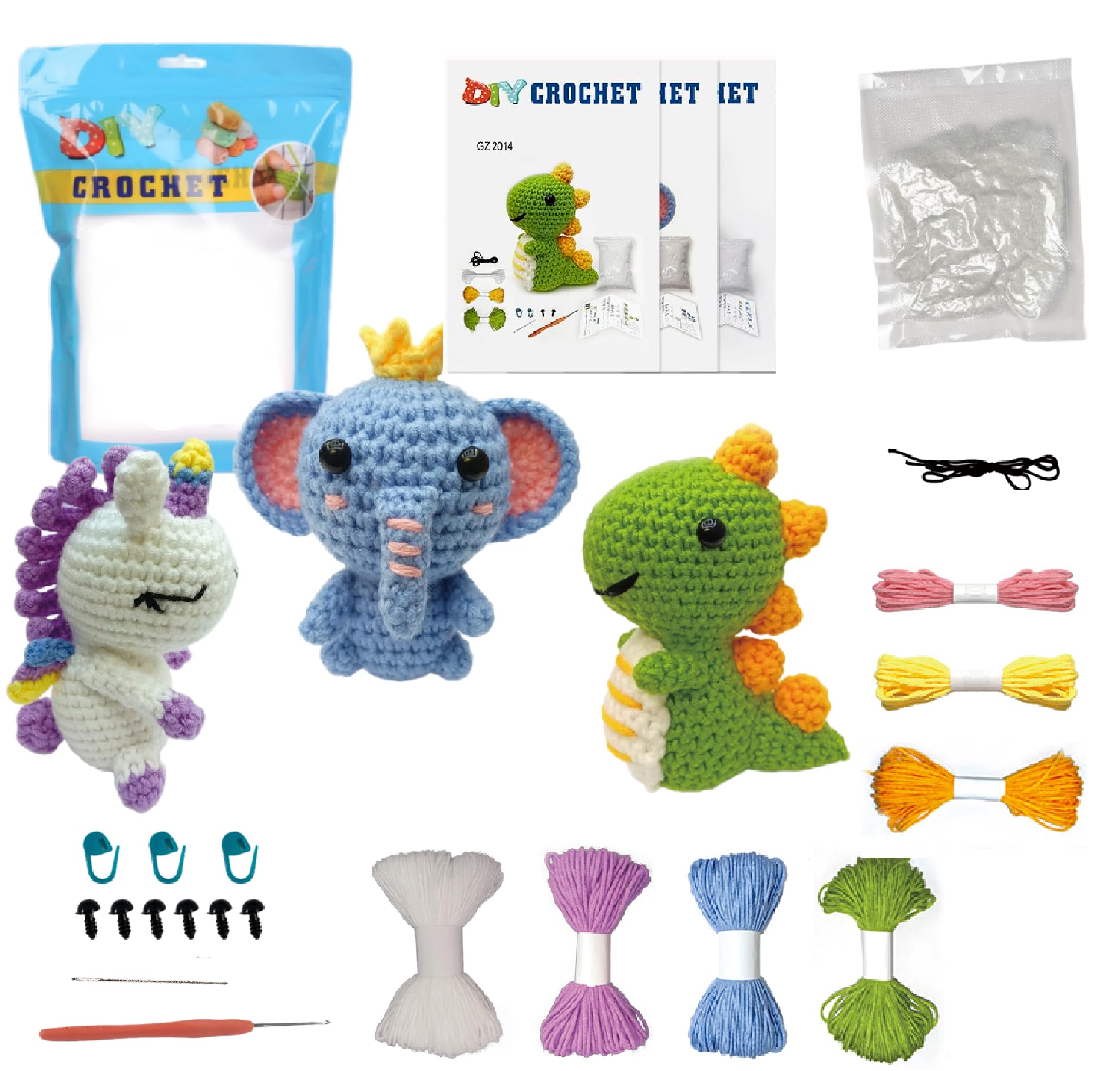 GZBZTZ Beginner Crochet Kit with Step-by-Step Video Tutorial, Hook, Yarn and Accessories - 3-in-1 Animal Crochet Kit (Unicorn, Elephant, Dinosaur)