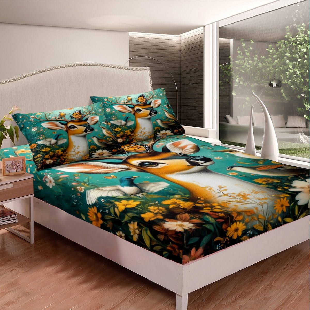 3D Deer Bed Sheets Full Size,Colorful Daisy Flower Bedding Sets 4Pcs,Cute Brids Buttefly Fitted Sheet for Kids Teens Girls Women Room Decor,Nature Animals Plants Top Flat Sheet,2 Pillowcases