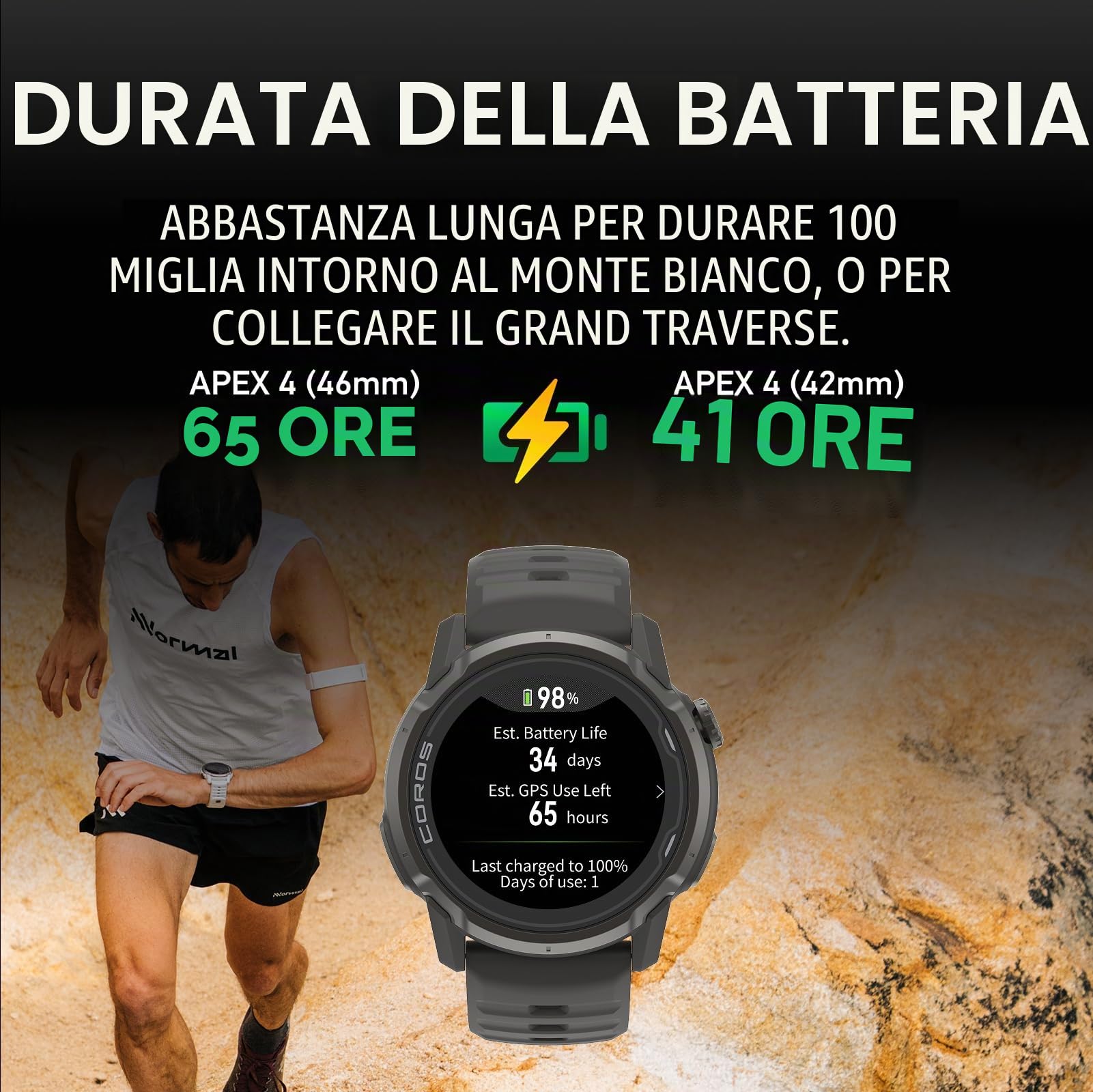 COROS APEX 4 (42 mm) Orologio GPS, 1,2" touchscreen MIP, mappe globali con navigazione turn-by-turn, durata della batteria di 34 giorni, microfono per registrare note vocali (Nero, 42mm)