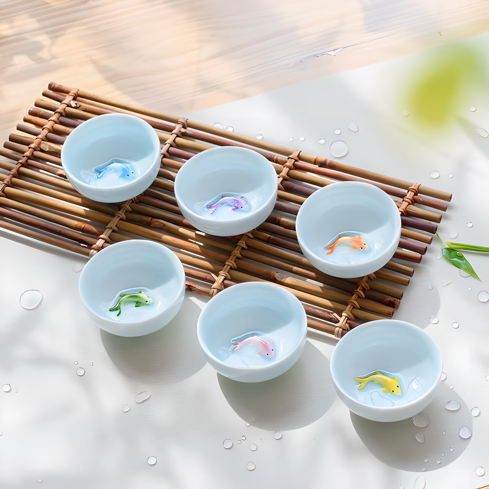 Zestaw 6 kolorowych filiżanek do herbaty Yixing z motywem ryby Koi, chińskich filiżanek do herbaty Gongfu, japońskich filiżanek do herbaty, koreańskich kieliszków do soju (filiżanki do Koi)