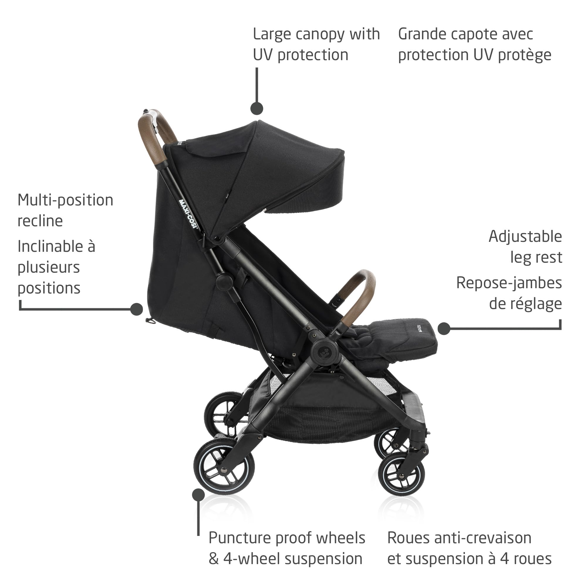 Maxi-Cosi Eva Lightweight Compact Travel Stroller, Infant to Toddler (Up to 48 lb), One-Hand Auto Fold, Full Recline Seat, Puncture-Proof Wheels, Extendable FPS Canopy, Includes Car Seat Adapters, Travel System Compatible - 5