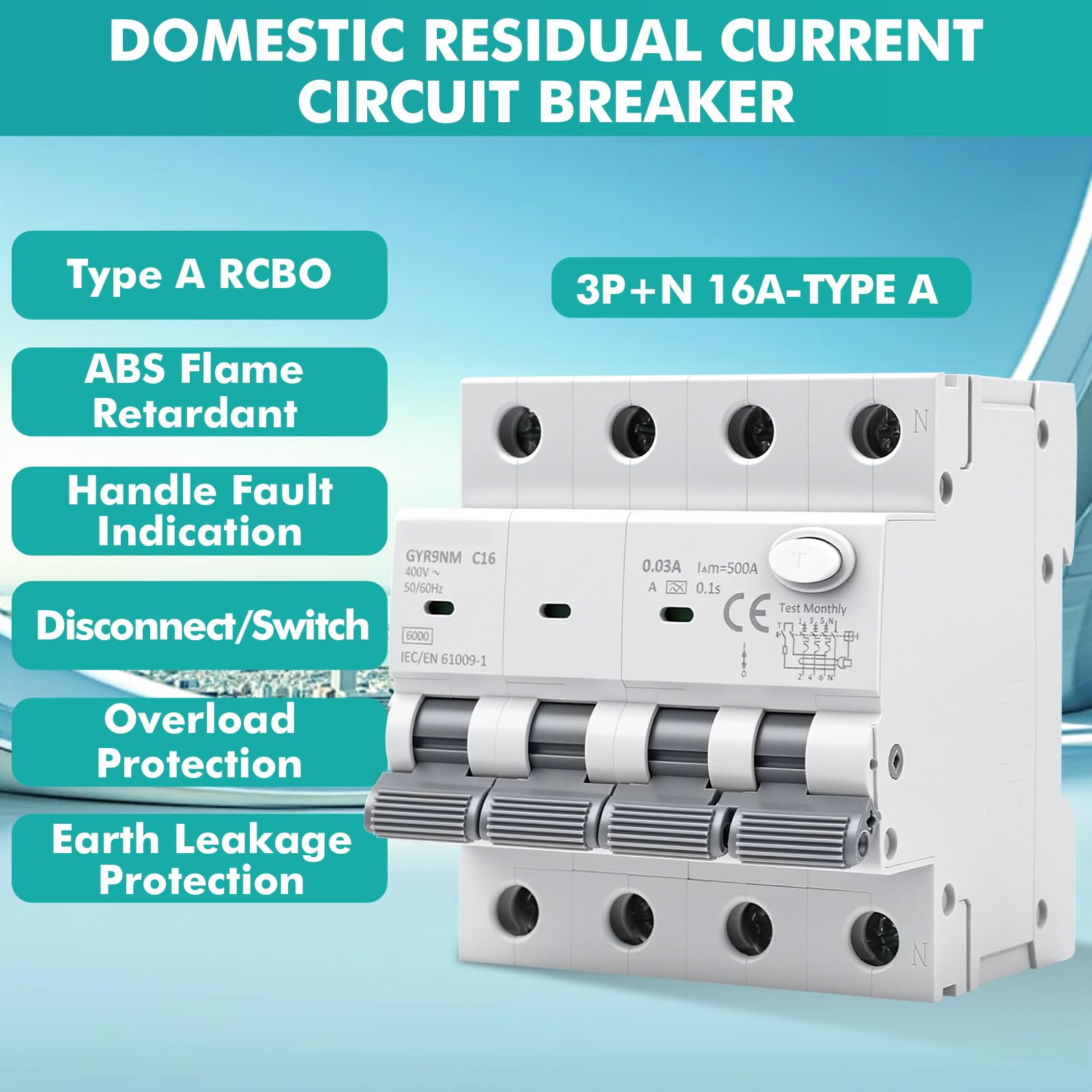 Disjoncteur différentiel 30mA 16A 3P+N type A interrupteur différentiel RCBO 6KA MCB disjoncteurs de courant résiduel AC400V Protection contre les surcharges et les courts circuits GYR9NM
