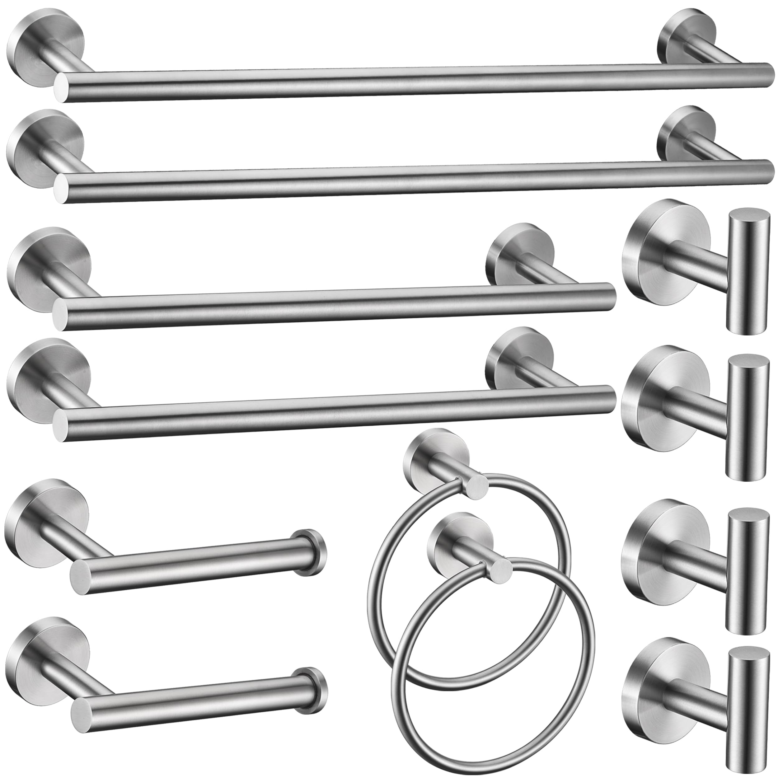 12 Pieces Brushed Nickel Bathroom Hardware Accessories Set Hand Towel Ring 16&23.6 inch Round Towel Bar Silver Toilet Paper Holder Towel Hooks 4 Pieces SUS 304 Stainless Steel,Heavy Duty,Wall Mounted