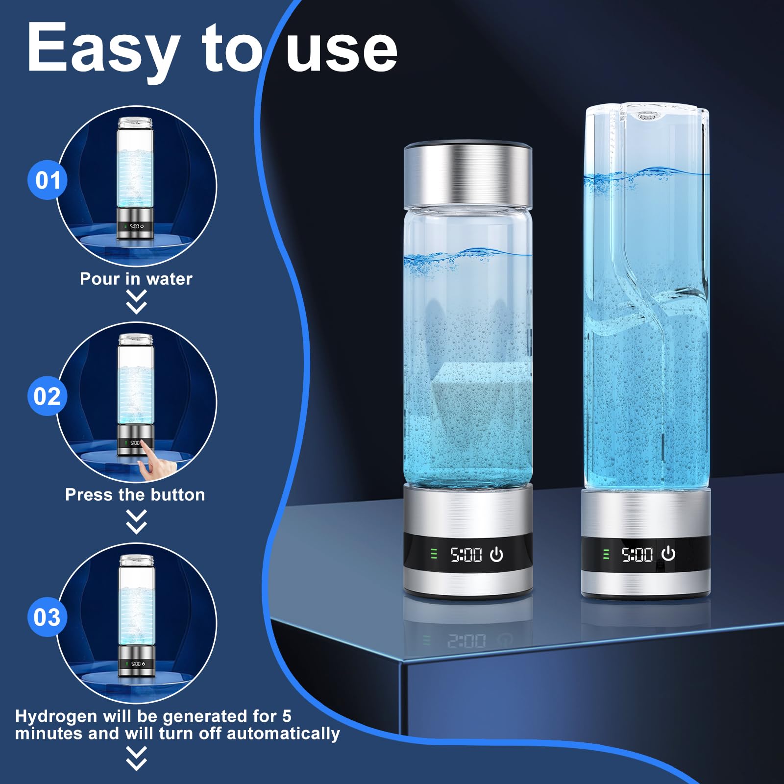 Bouteille d'Eau Hydrogène,Générateur d'Eau Hydrogène Portable,450ML Générateur d'Eau Ioniseur Rechargeable avec Technologie SPE et PEM,Jusqu'à 6850PPM,Eau Riche en Hydrogène en 6 Minutes