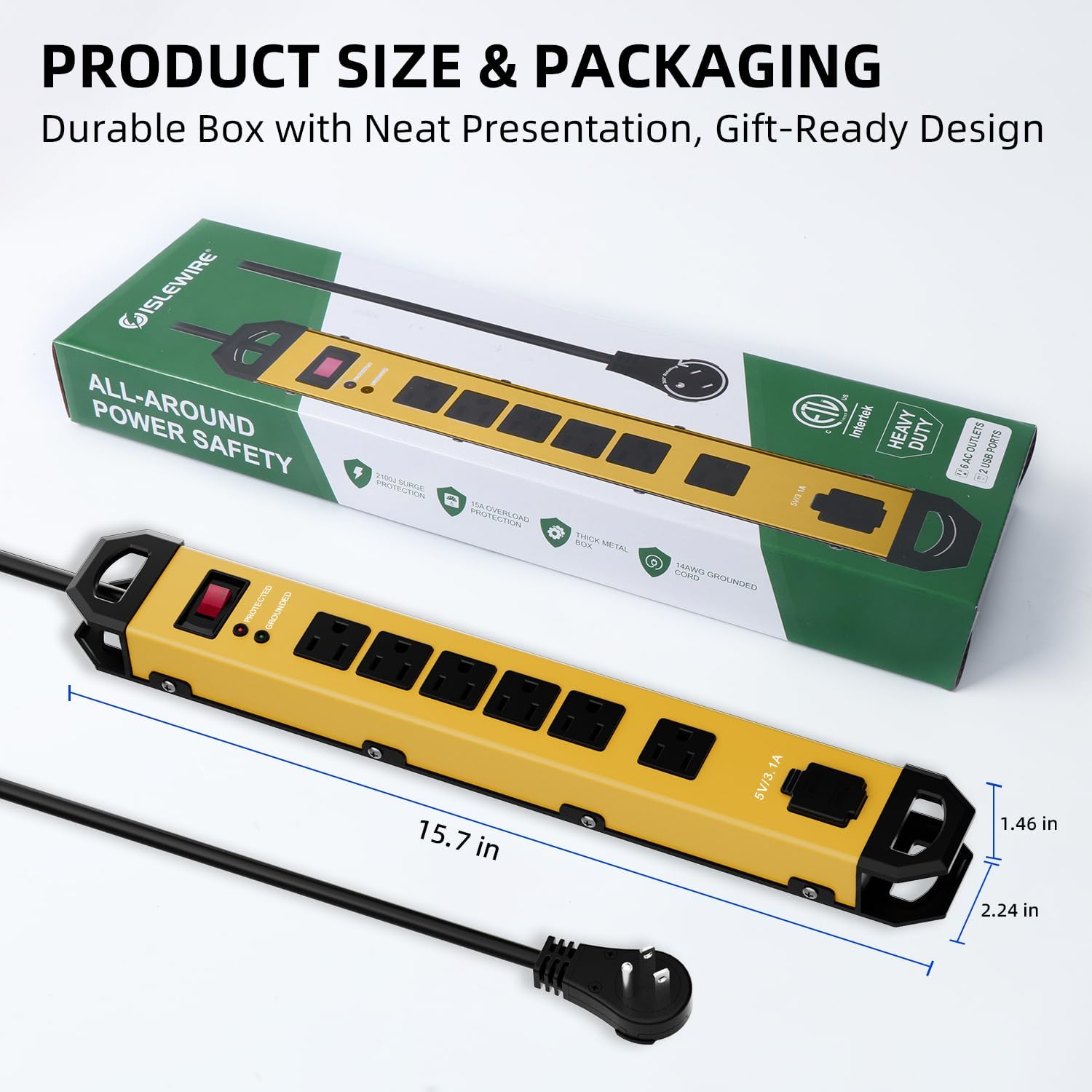 Heavy Duty Metal Power Strip Surge Protector 2100J, 6 Outlets & 2 USB, 15A Circuit Breaker, 6ft Power Cord, 360° Rotating Flat Plug, Wall Mountable for Garage Workshop Industrial, ETL Listed, Yellow
