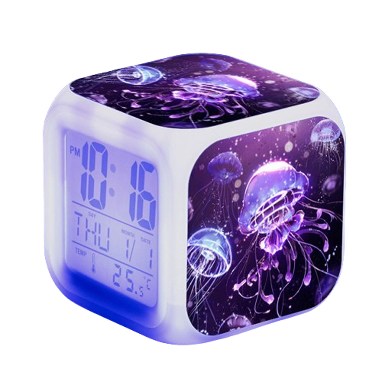 Blissbuilt Jellyfish Digital Alarm Clock Mini LED Bedside,Cube Alarm Clock With Colorful Night Light,Date,Time,Temp Display,sleep Trainer,Bedroom Decorations