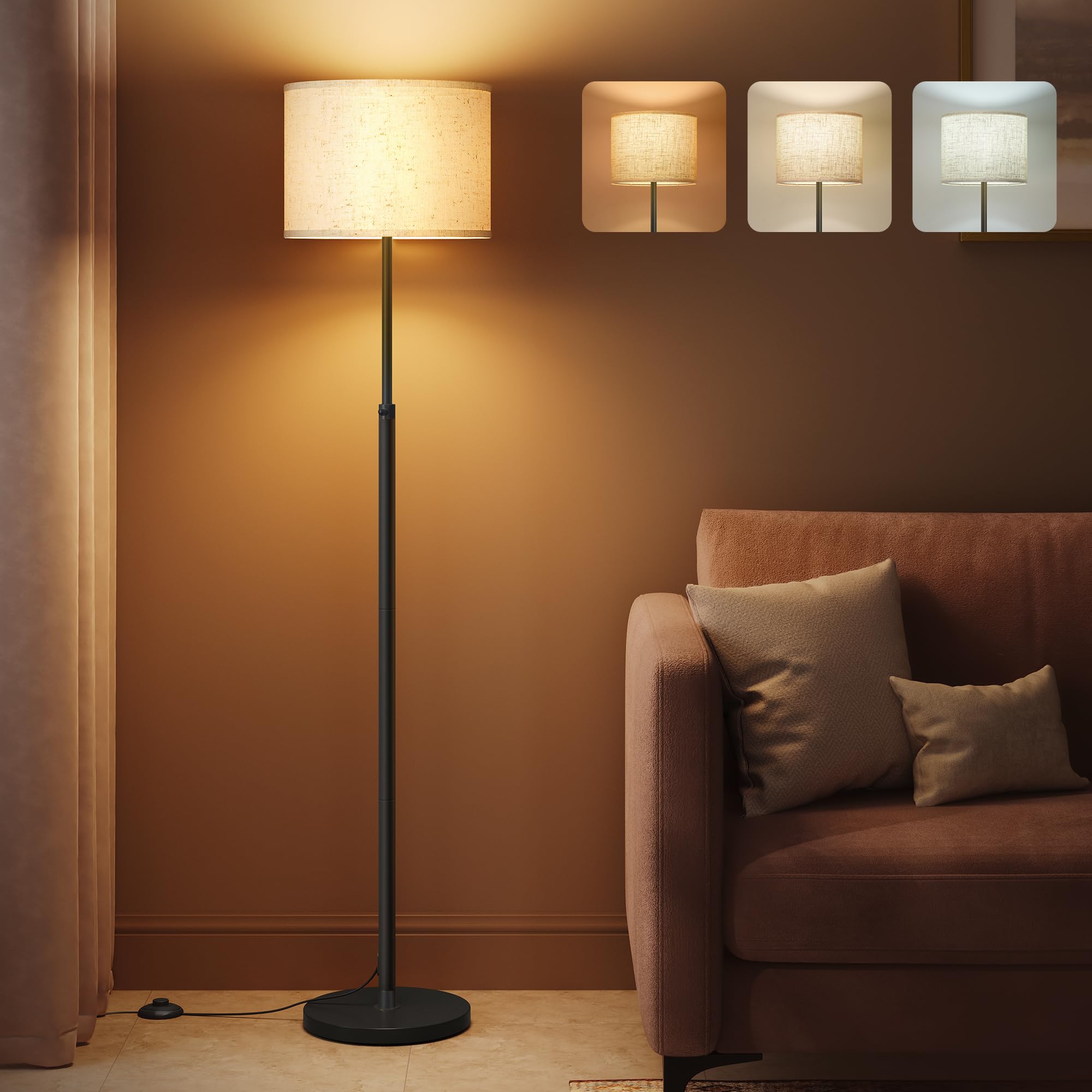 VASAGLE Floor Lamp for Living Room, Adjustable Height 140-170 cm, Modern Standing Lamp with Foot Switch, Fabric Lampshade, E27 Socket, Ink Black LFL002BH03