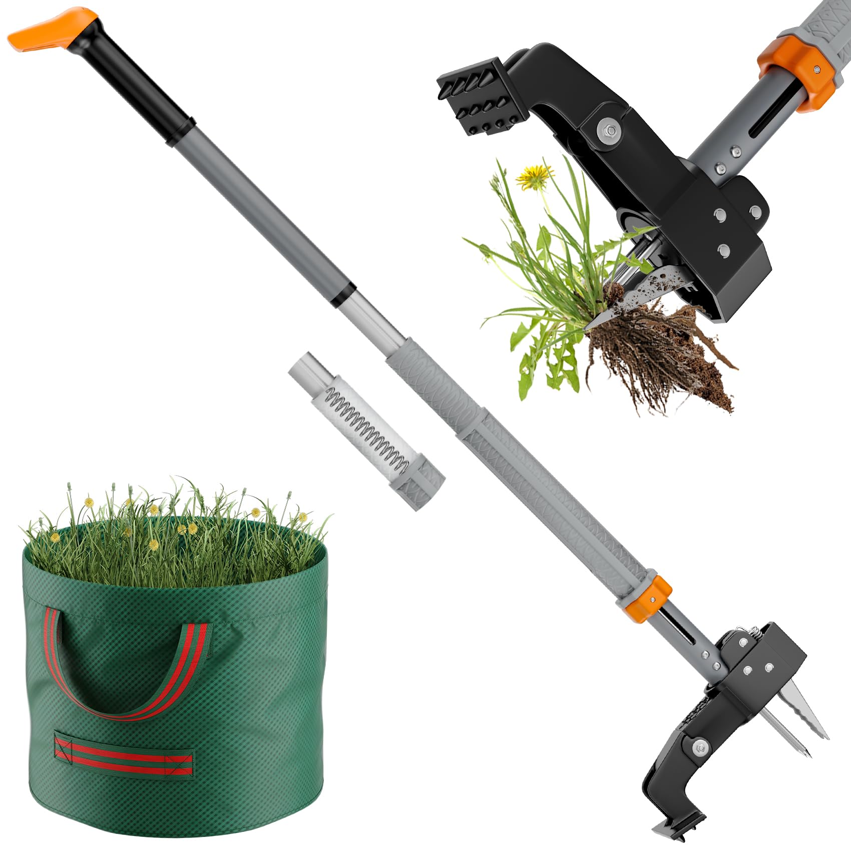 Stand-Up Unkrautstecher mit Teleskopstiel (98–117 cm), 4 Edelstahl-Krallen & automatischer Rückstellung, Unkrautentferner ohne Bücken, inklusive praktischer Gartentasche