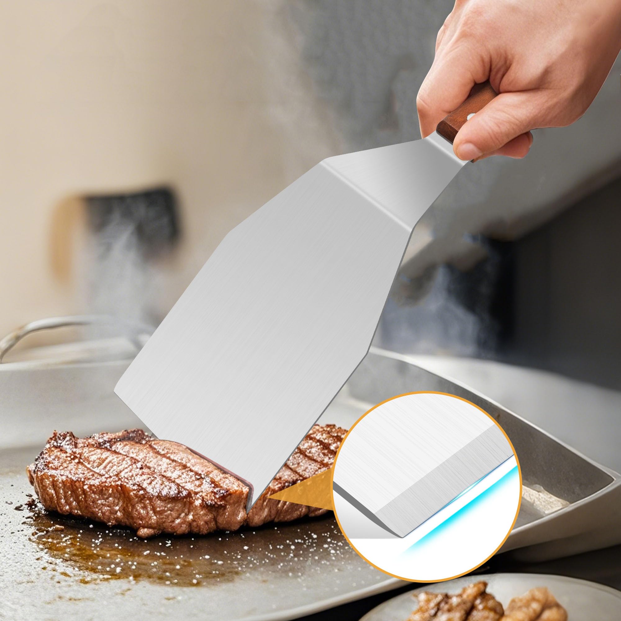 Spatule Inox Manche Bois 28 Cm - Spatule Métallique Résistante Chaleur Pour Crêpes, Plancha, Pizza, Grillades Et Cuisine Quotidienne