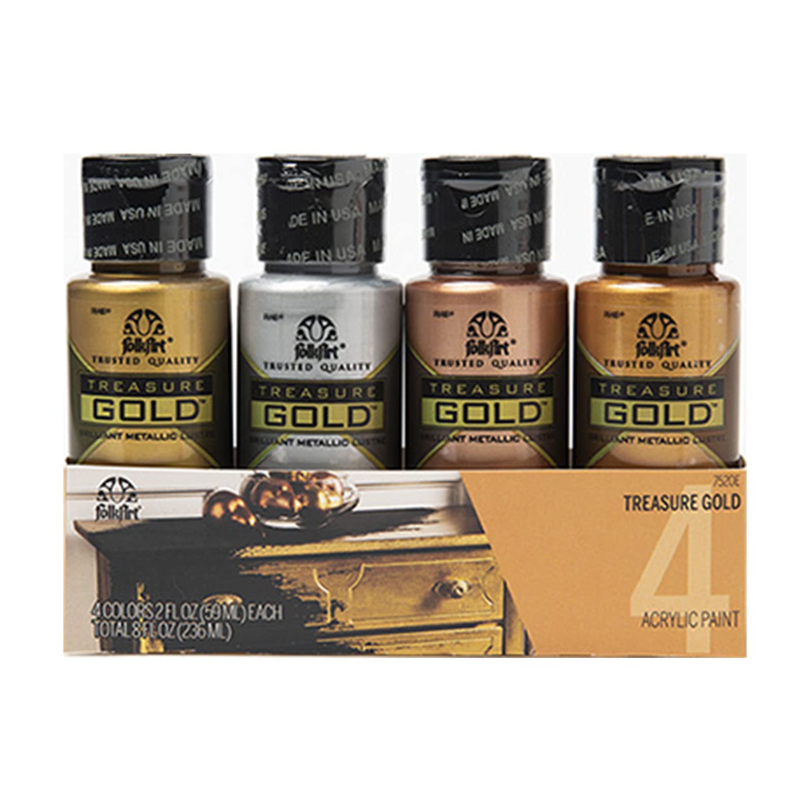 Plaid 4 Bottle Treasure Gold Acrylic Craft Paint Set, 2 Fl Oz (Pack of 4)