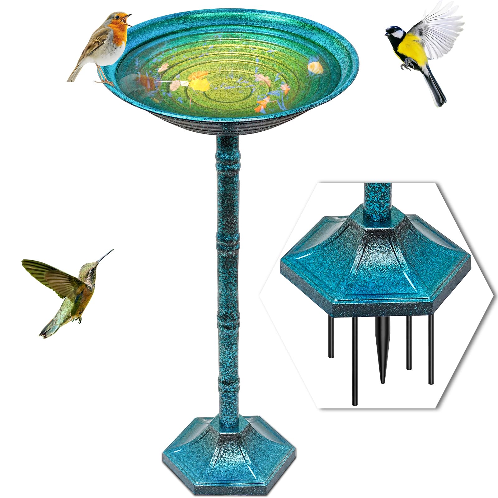 Metal Bird Bath for Outside, Freestanding Garden Metal Birdbaths with Stable Upgrades Stake, Easy to Clean Birdfeeder for Outdoors Garden Yard Lawn Decor(Blue)
