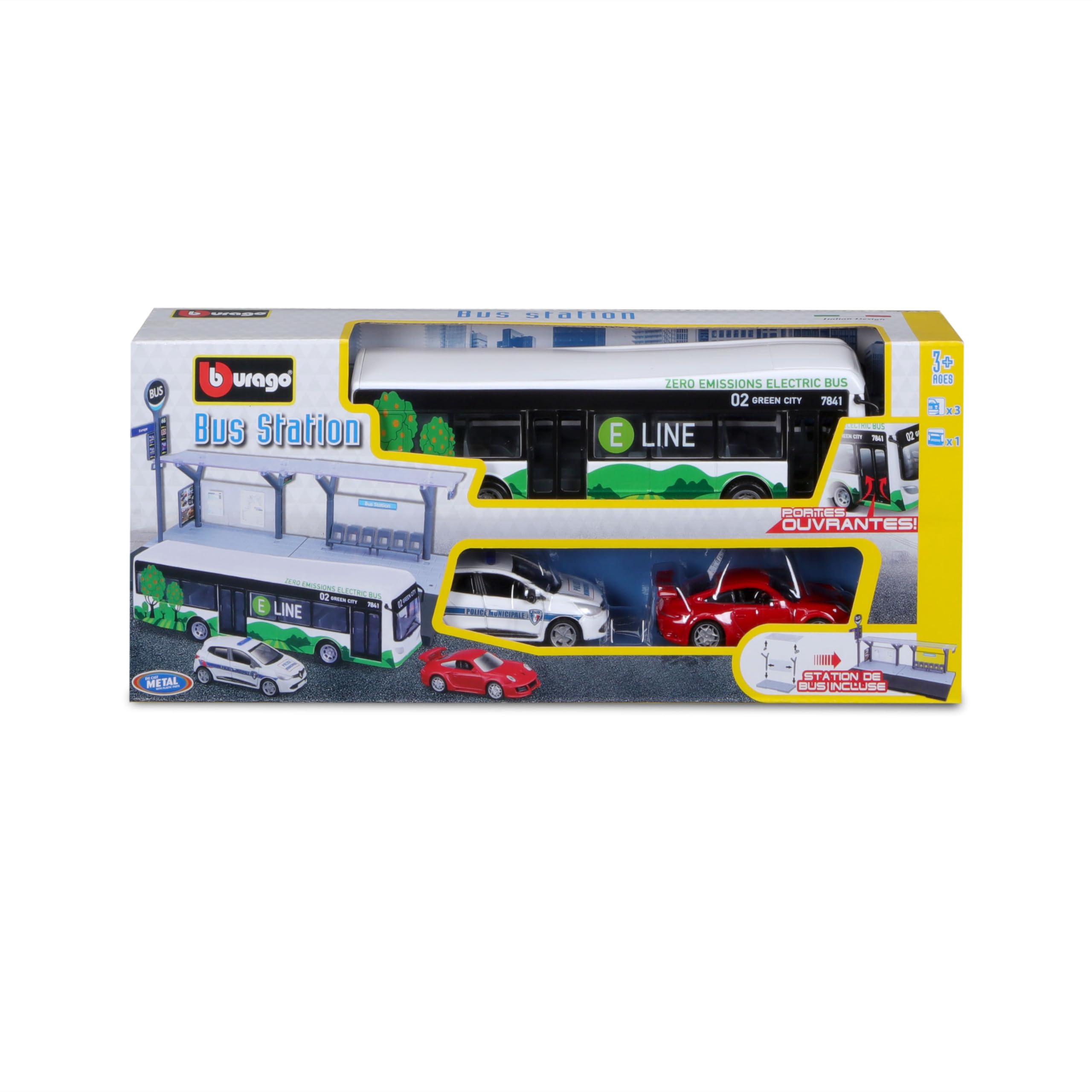 Bburago - Playset Public Transport w skali 1/64 - autobus, tramwaj, stacja + 2 pojazdy - Zabawka edukacyjna dla dzieci - modele losowe - Rozwija wyobraźnię i kreatywność