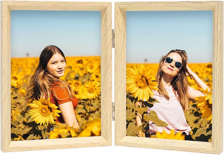 Amazon.co.jp: 4x6 ダブル写真フレーム 木目 木製蝶番式 斜めフォト