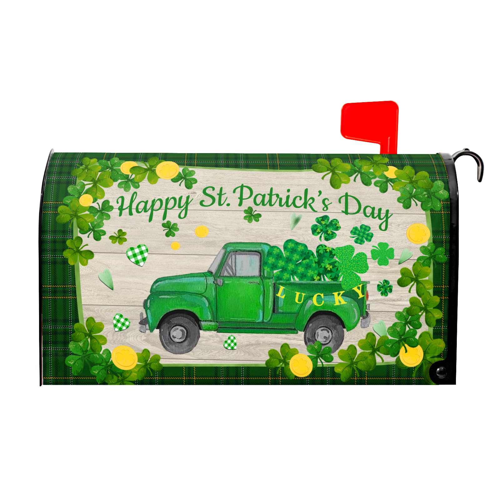 St Patrick's Day Mailbox Cover Green Truck Mailbox Covers Magnetic Standard Size 18 X 21 Inch Green Shamrocks Mailbox Wraps Holiday Post Letter Box Cover for Garden Yard Outside Decor