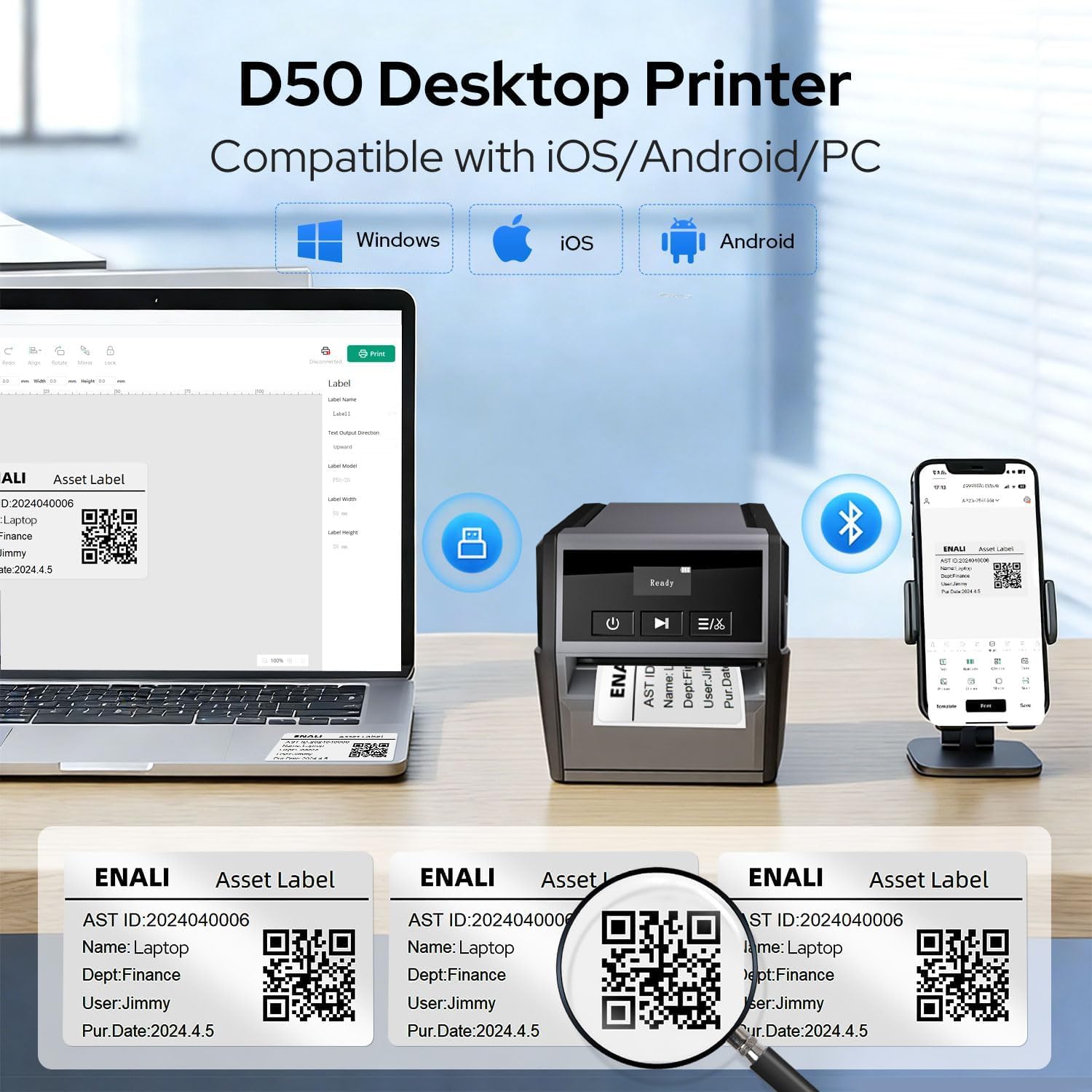 Makeid D50 Industrial Label Printer, Desktop Label Maker 2" Print Head, Mobile APP & PC Editor Compatible, 2600mAh Li-ion Battery, Come with 1.97" W x 26.24ft L Label Heavy-Duty Labeler for Job Sites - Image 3