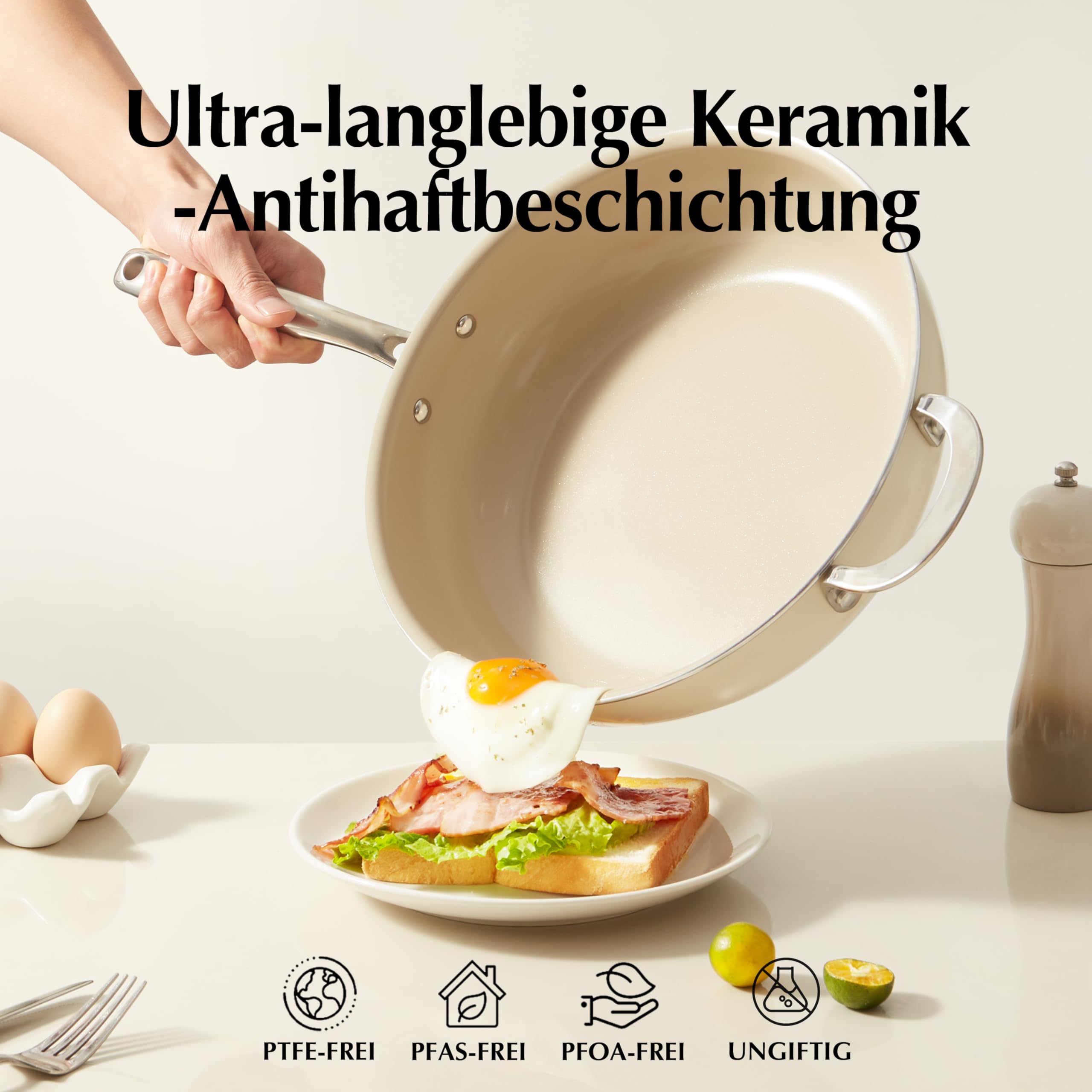 Redchef Sartén de 28 cm, sartén con tapa antiadherente de cerámica, sartén de inducción de cerámica con mango de acero inoxidable, sin PTFE, libre de PFOA, sin PFAS, apta para horno, apta para