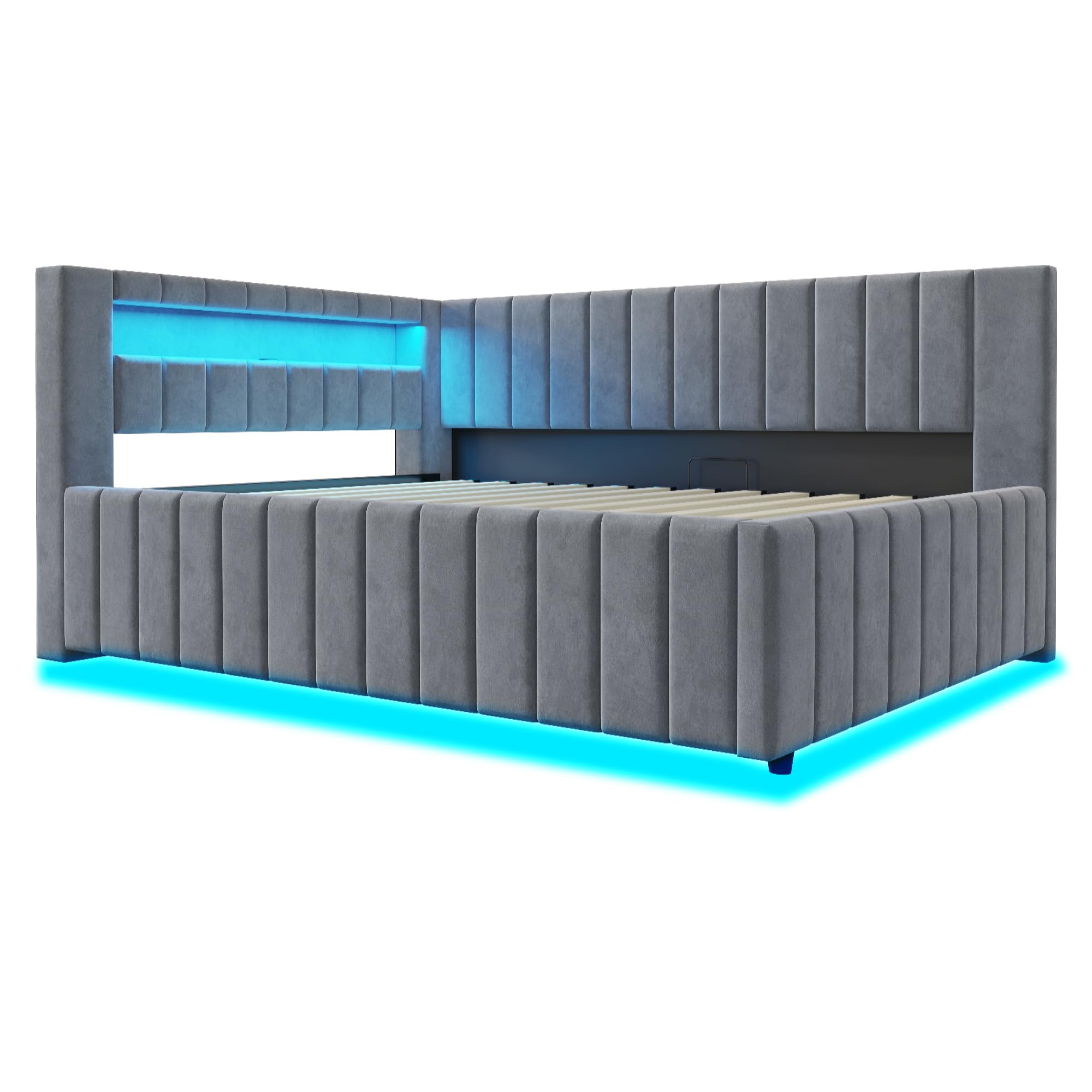 Letto imbottito divano letto 140 x 200, letto matrimoniale con vano portaoggetti idraulico, con luce LED e funzione di ricarica USB, letto giornaliero per ragazzi con rete a doghe, tessuto di