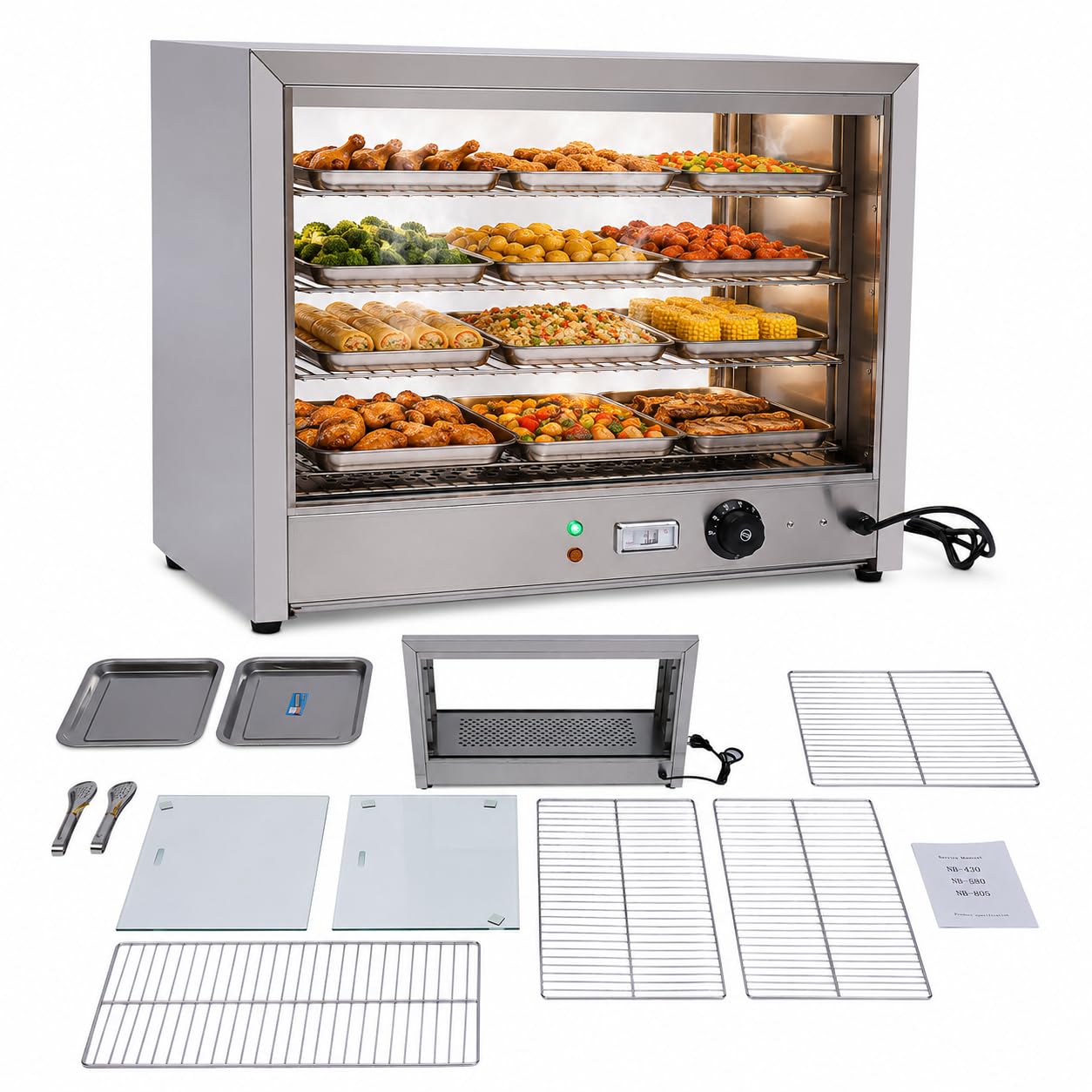 Vitrina Calefactora 4 Pisos, 800W, Temperatura Ajustable 30-85°C, Vitrina de Acero Inoxidable, Área de Almacenamiento: 56,6 x 30 cm, para Comercios y Restaurantes