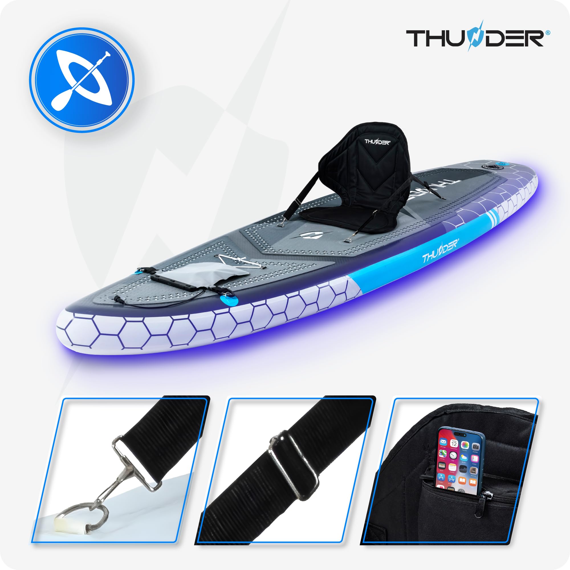 THUNDER Pro LED Sup Board 320 cm con sedile Kayak – Stand Up Paddle Board Gonfiabile con Illuminazione RGB LED, Pompa, Paddle & Zaino – Set Sup fino a 150 kg