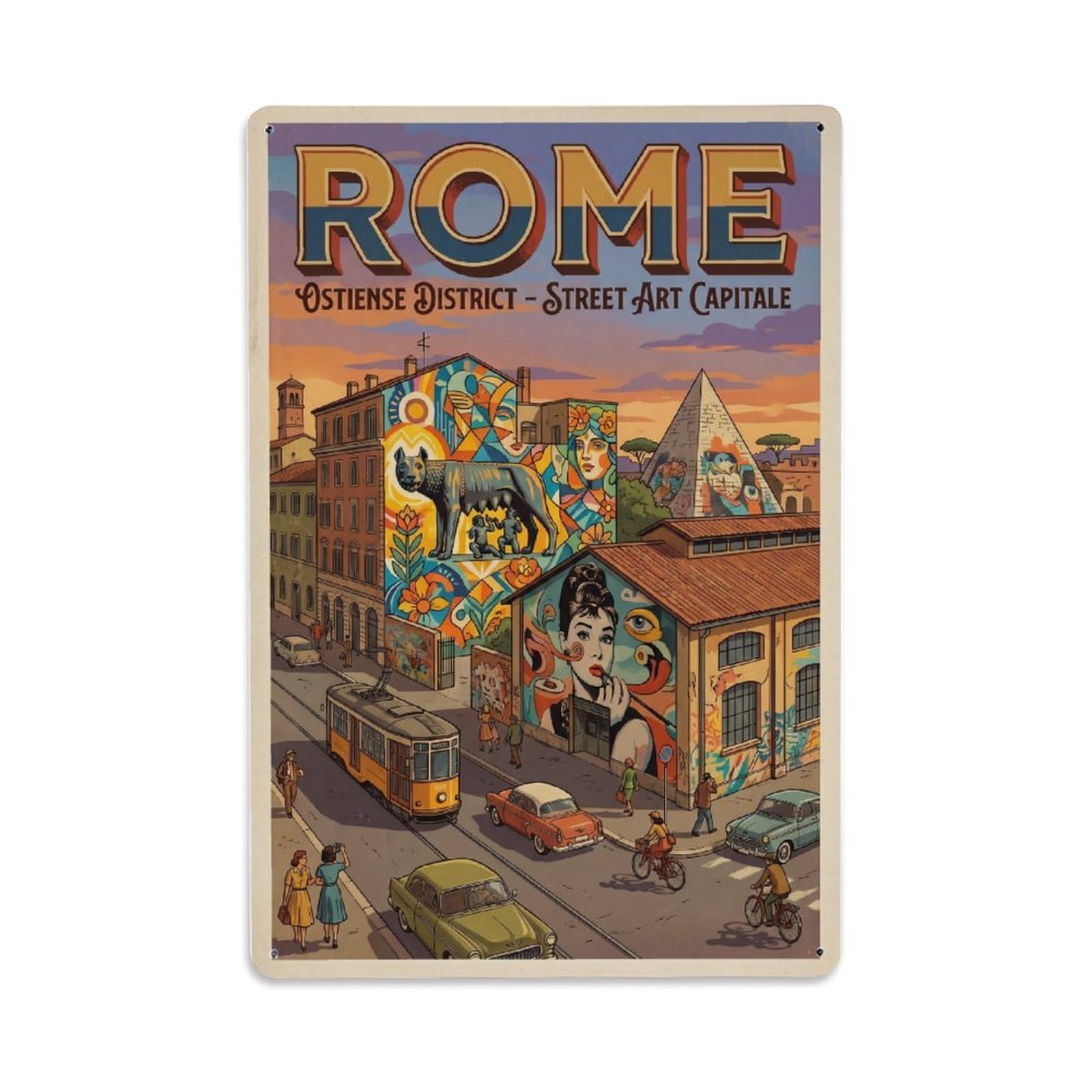 Vintage Travel Rome Ostiense District Urban Street Art Murals Italy Metal Tin Sign Plaque Wall Decor for Cafe, Club Bar, Office, Home Garden Metal Poster 8x12Inch