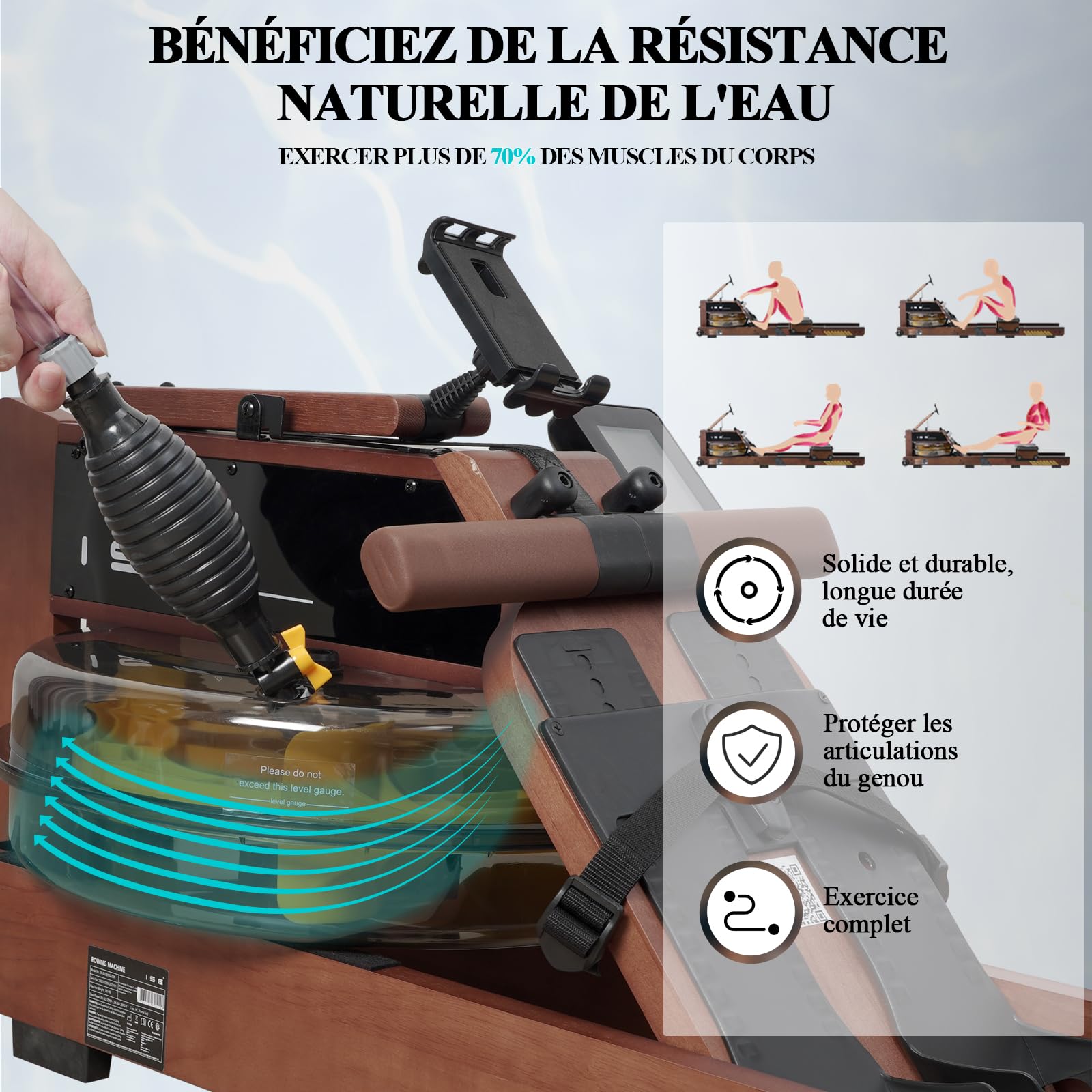 ISE Rameur Pliable à Eau Fitness, Rameur d'Appartement Pliable Maison/Bureau, avec Pompe à Eau, Niveau Résistance 30KG Maxi, Écran LCD, Siège Réglable, Water Rowing Machine Roue Transport Rail Lisse