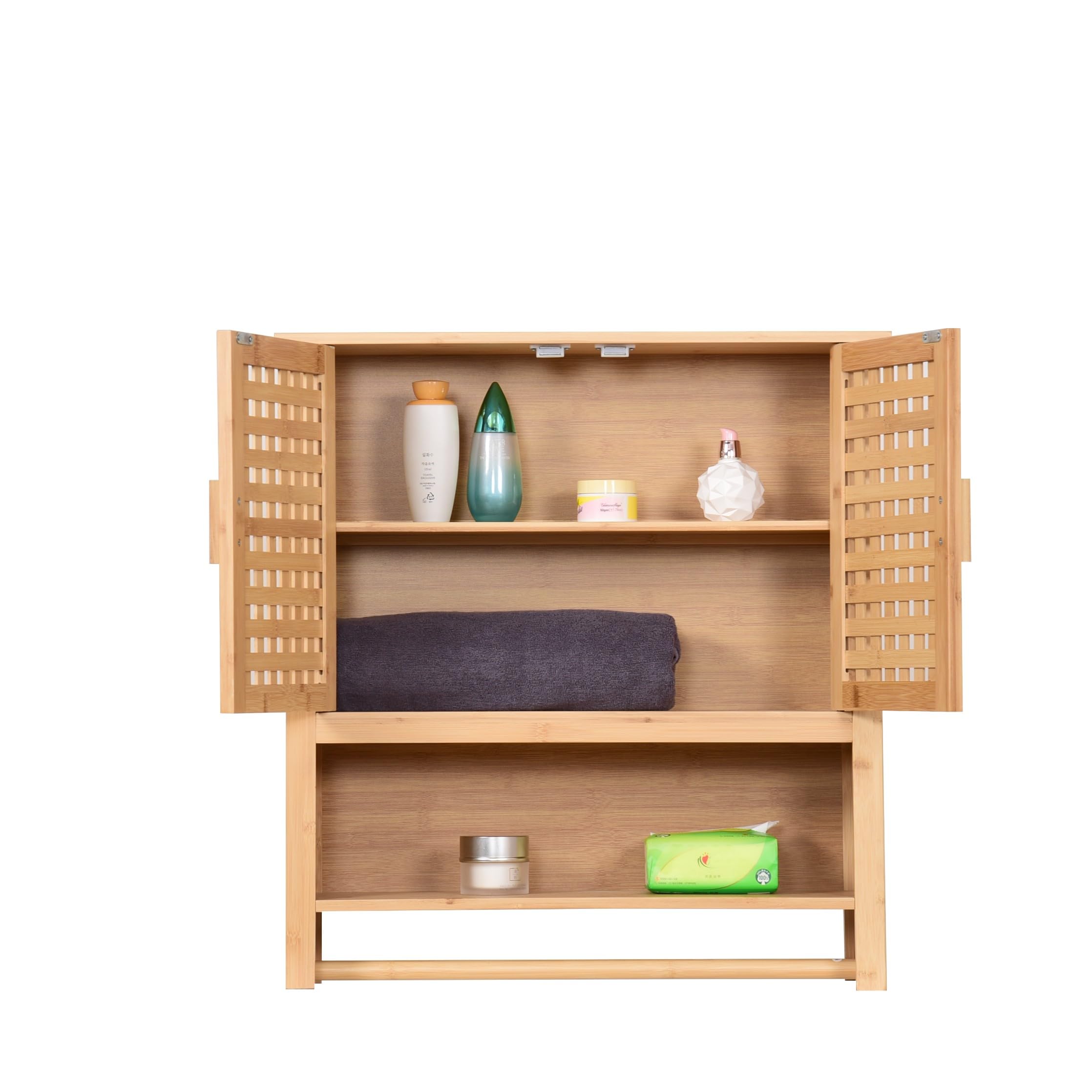 Hängeschrank aus Bambus fürs Badezimmer Wandschrank mit 2 Türen Handtuchhalter & Ablage Badschrank mit Regalfächern Platzsparend 66x62x20cm Natural (Land)