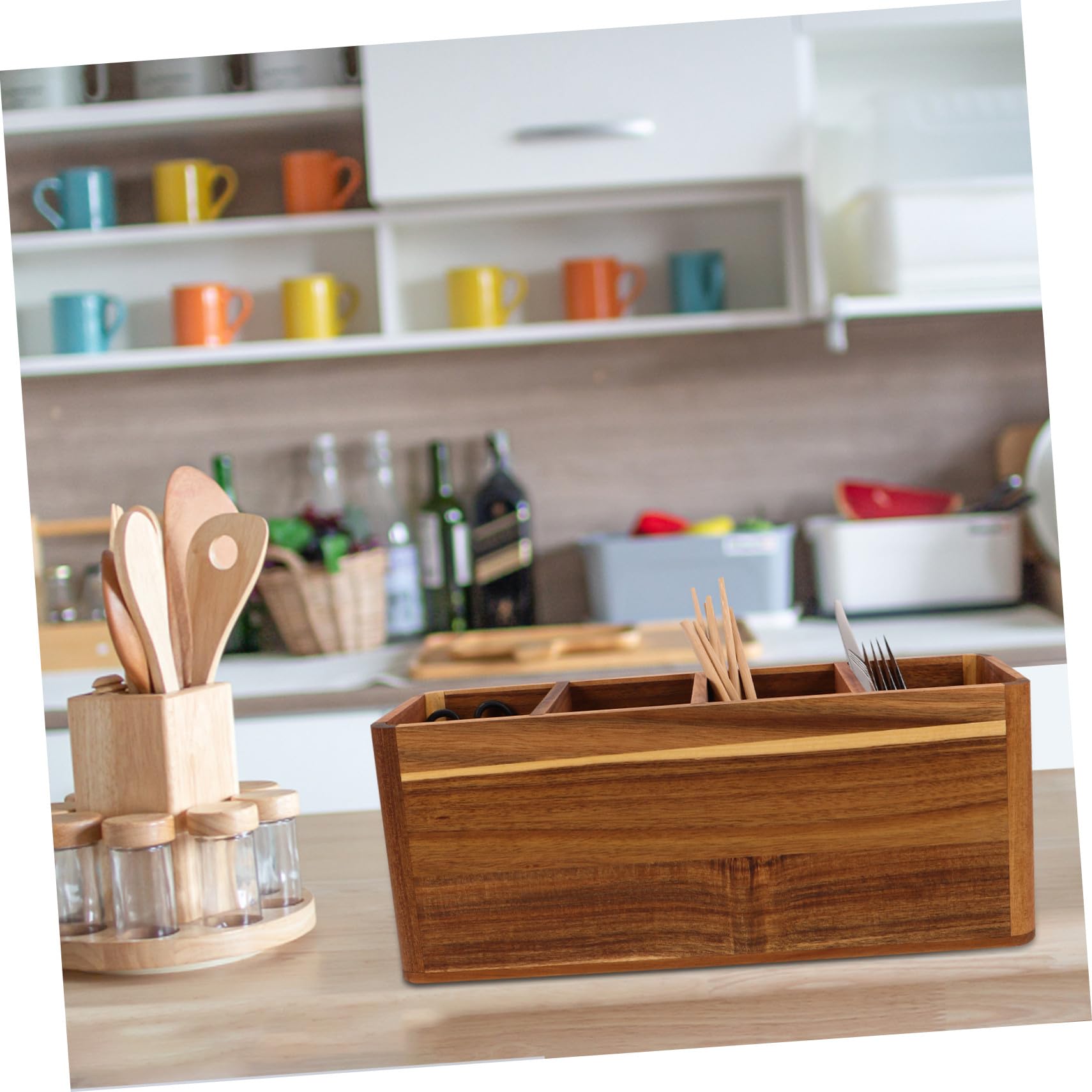 Boîte de Rangement à 4 Compartiments pour Bois Ustensiles Cuisine