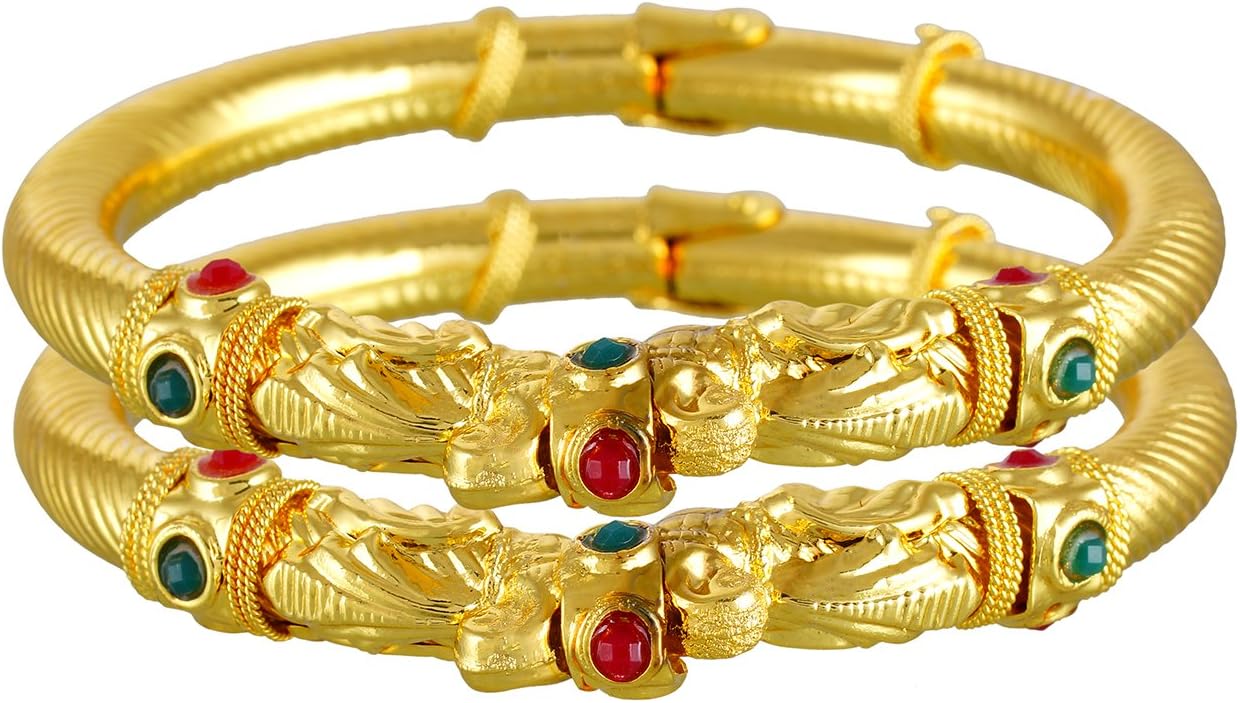 AdoreLabel Gold Plated Set of 2 Bangles Kada Free Size (Adjustable) Traditional Ethnic Designer Party and Wedding Wear Red Green for Women/Girls