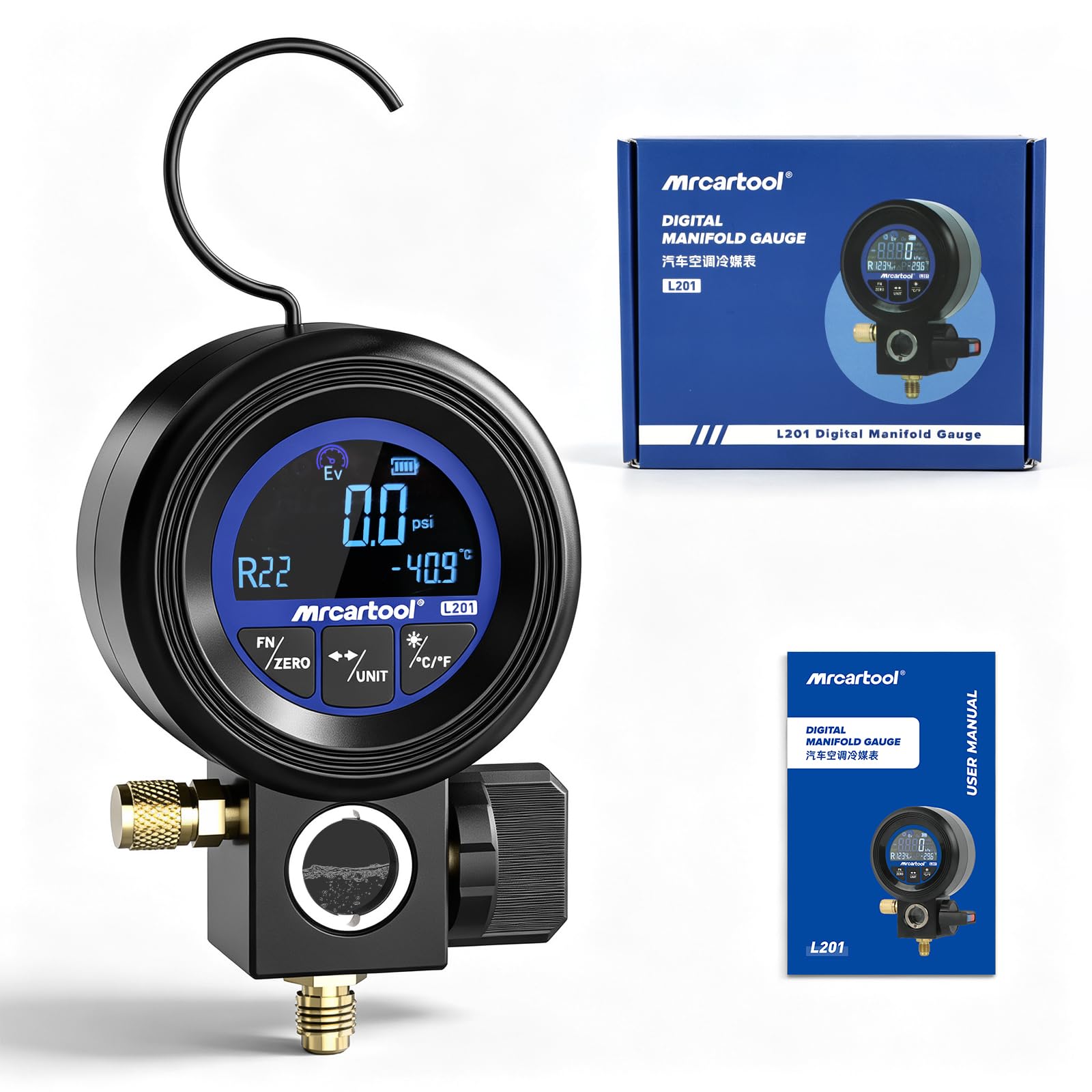 BELEY Alta Precisión Manómetro Digital Aire Acondicionado Equipado con Prueba de vacío y fugas, Vacuometro Digital Incluye 24 Refrigerantes, para Aire Acondicionado Doméstico de Automóvil y Comercial