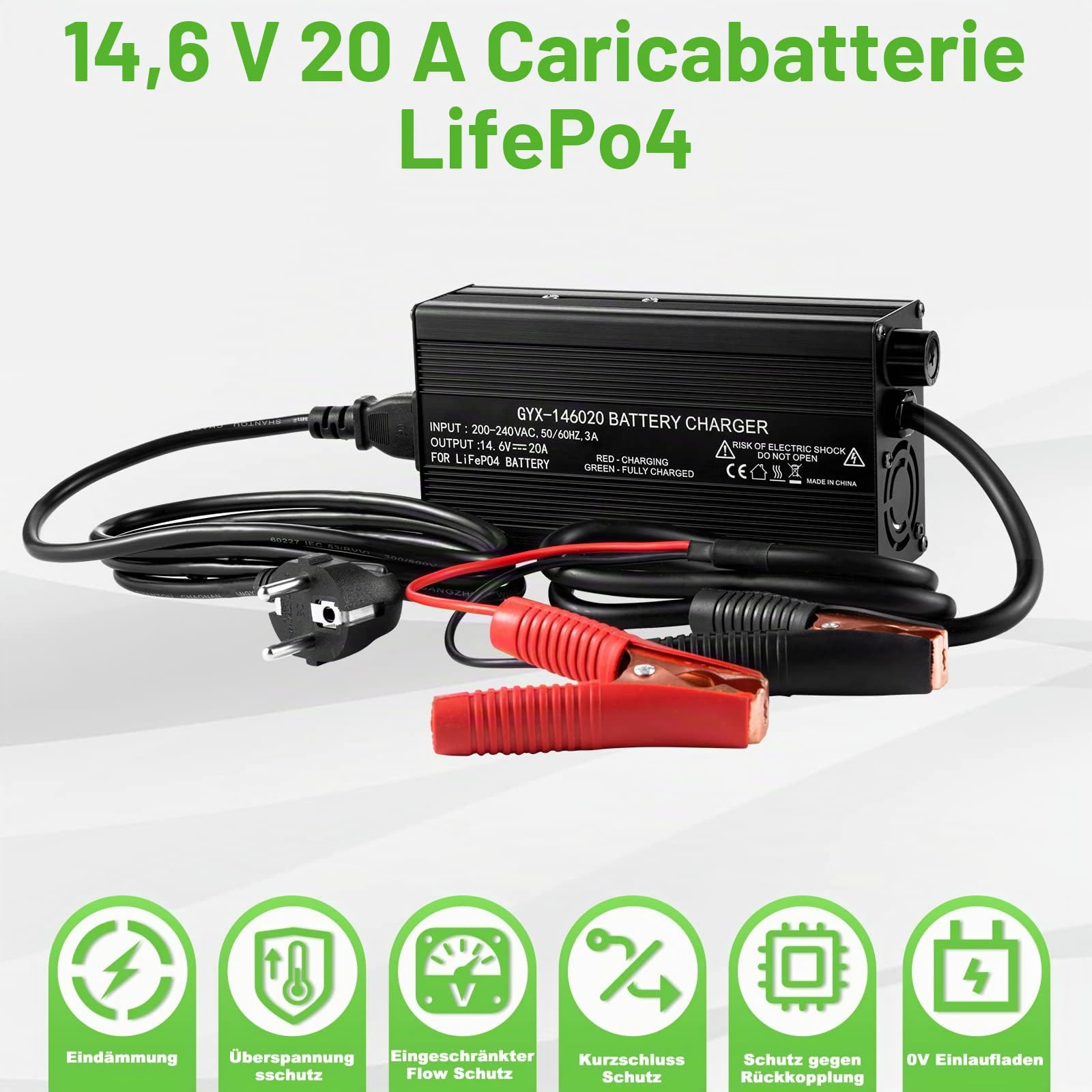 LiFePO4 - Caricabatteria da 14,6 V, 20 A, per batteria da 12 V, 100 Ah, interfaccia a clip a coccodrillo, caricatore intelligente al litio a sei livelli