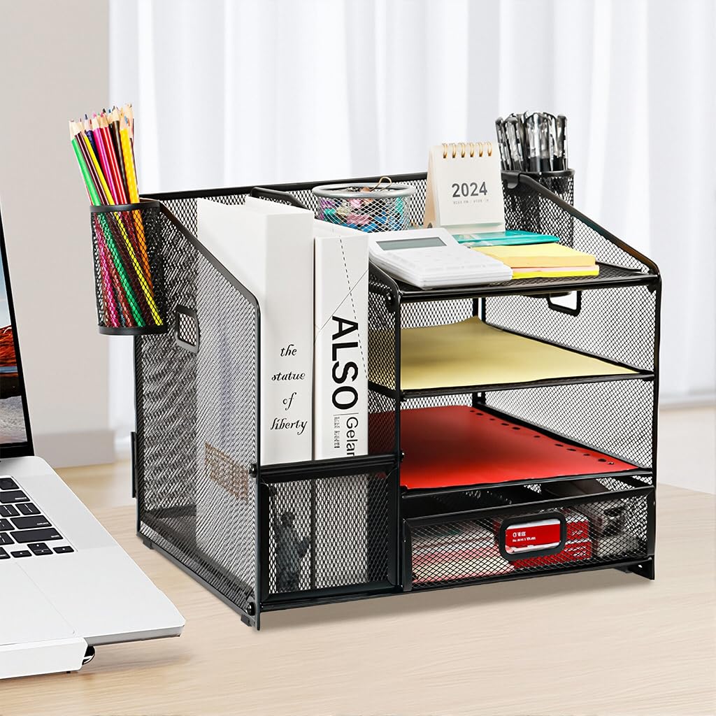 HASTHIP® Organizer da scrivania in rete metallica con scomparti multipli, cassetto e portapenne, organizer da scrivania per libri, quaderni, cancelleria e forniture