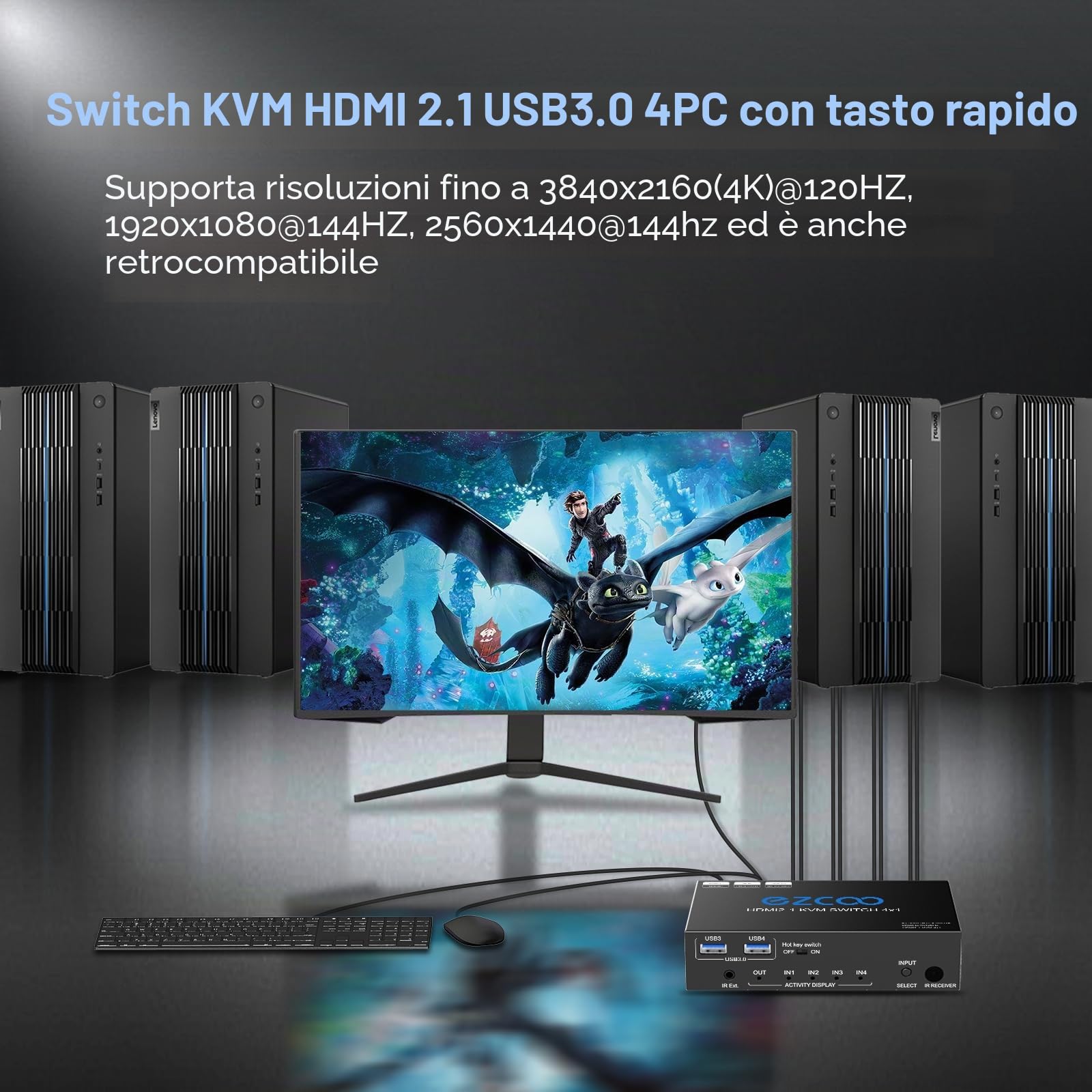 Switch KVM HDMI 2.1 USB 3.0 a 4 porte 8K@60Hz 4K@120Hz VRR G/Sync 48Gbps per condividere 4 computer con una tastiera e un mouse HDR D-olby Vision HDCP2.2 e telecomando IR.Include 2 cavi USB3.0.