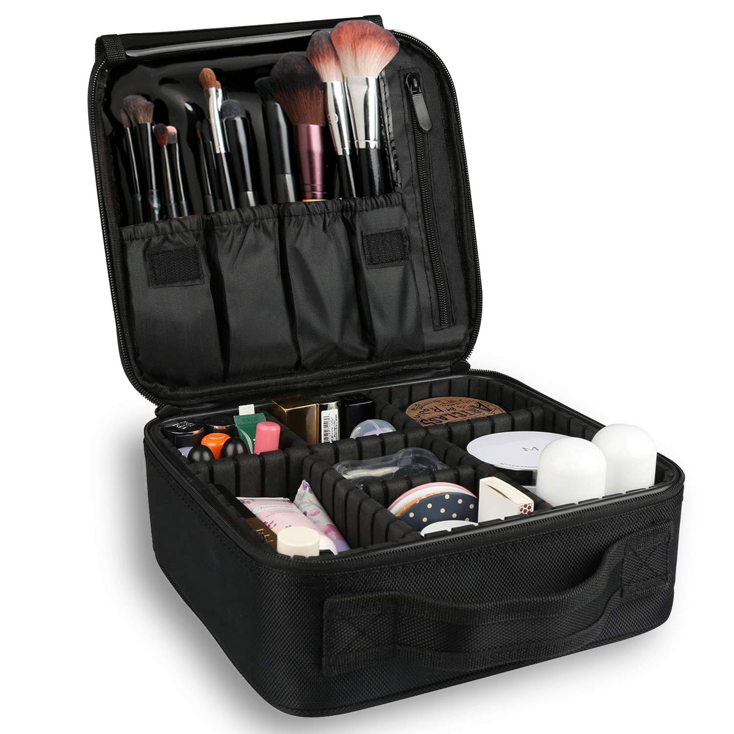 BvserTravel Makeup Case, PU Leather Portable Organizer Makeup Train Case Makeup Bag Cosmetic Case with Shoulder Strap and Adjustable Dividers for Cosmetics Makeup Brushes Women - Black