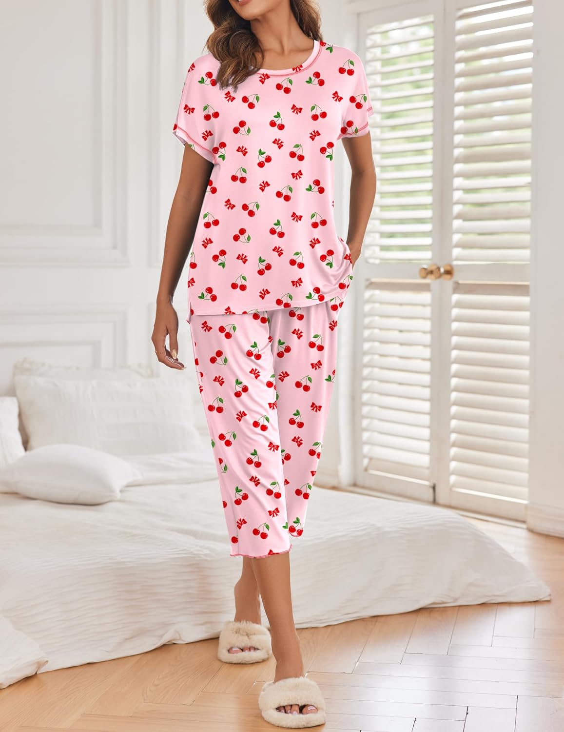 Ekouaer 2 Pack Womens Pajamas Sets Short Sleeve Tops and Capri Pants Pjs Colorful Printed Sleepwear Sets - Image 3