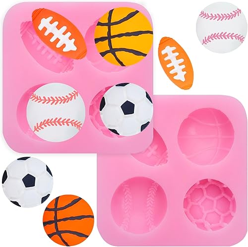 2 paquetes de moldes de silicona para pelotas deportivas de 4 cavidades para decoración de pasteles, fútbol, baloncesto, béisbol, fútbol, fondant