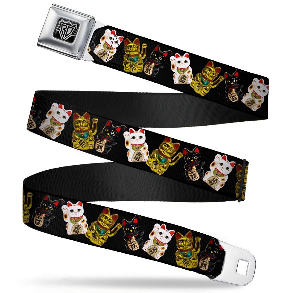 Buckle-Down Seatbelt Belt - Maneki Neko Lucky Cats Gold/Black/White - 1.0" Wide - 20-36 Inches in Length, Multicolor, Large