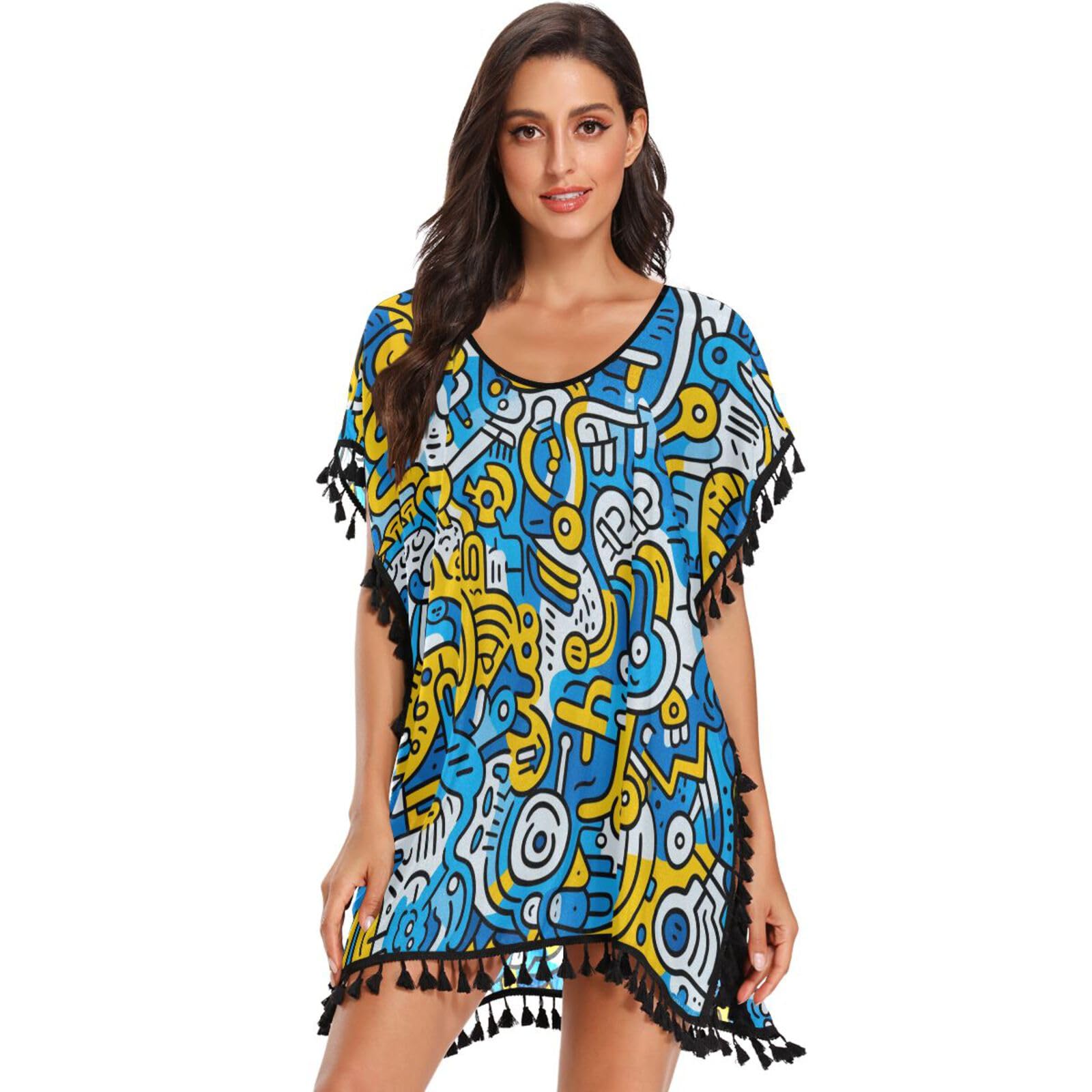 Abstract Doodle Line Art Blue Yellow Women's Beach Cover Up Chiffon Tassel Swimwear Swimsuit Coverups for Girl