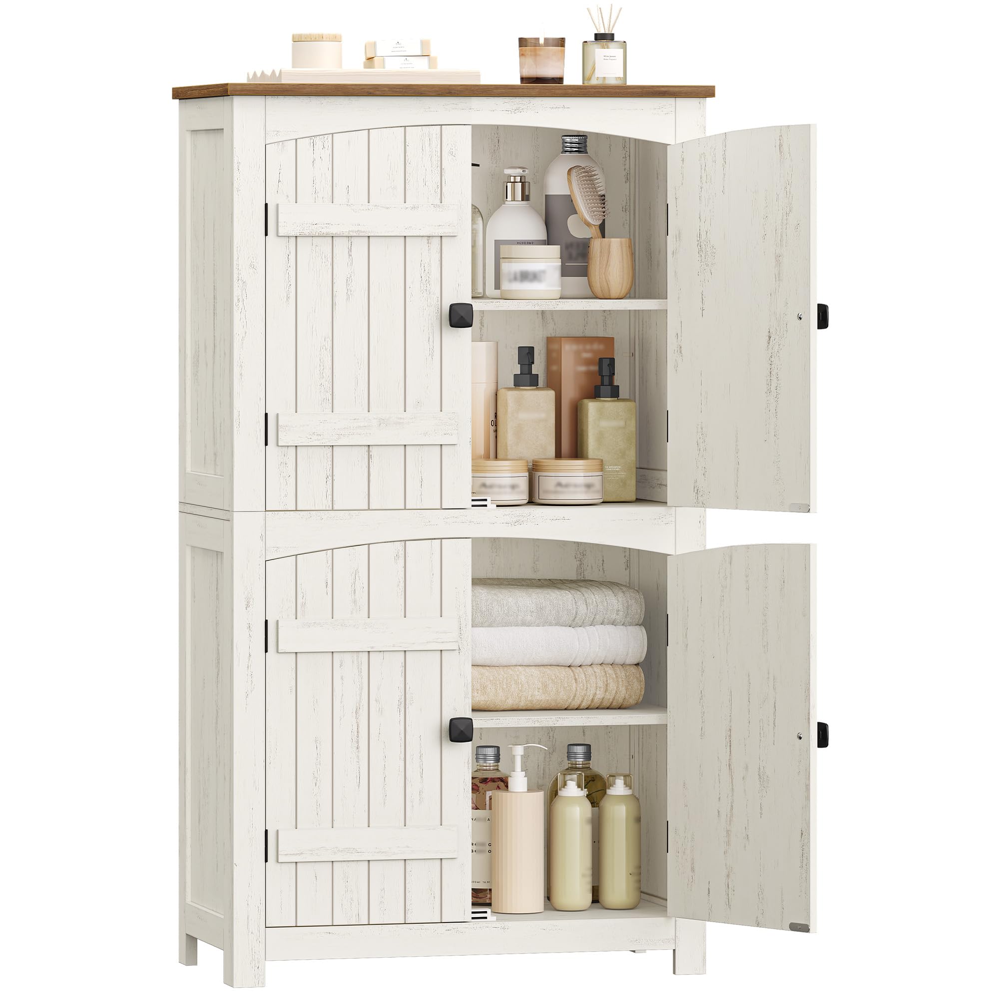 HEXCELEN Armoire de Rangement avec Portes de Grange, Style Ferme, Buffet Haut, avec 4 Portes, Meuble de Rangement, Étagères Réglables, Marron Rustique et Blanc, 30 x 60 x 110 cm