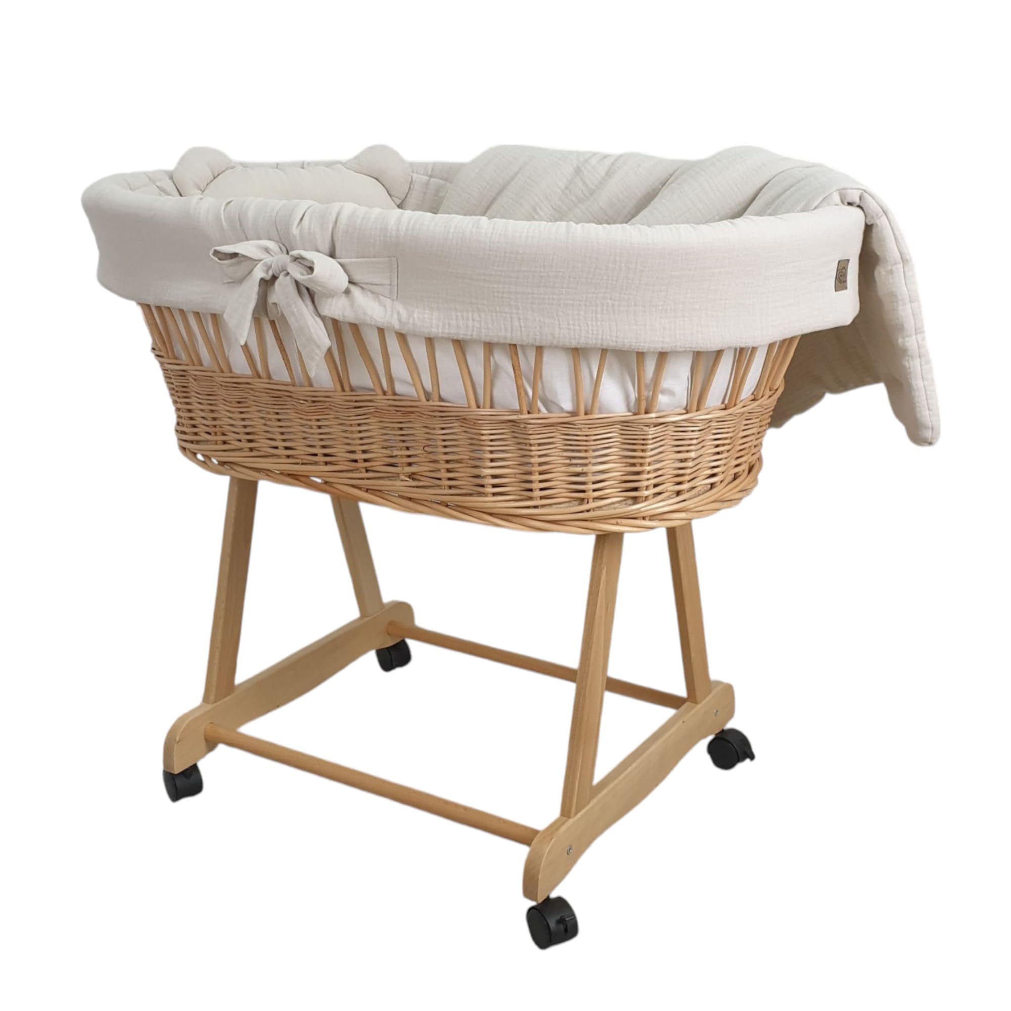 Wiklinopol Amelia moisés de mimbre con estructura y colchón – Cesta para bebé en color natural – Juego de ropa de cama de muselina beige – Cesta de mimbre portátil, ideal para recién nacidos
