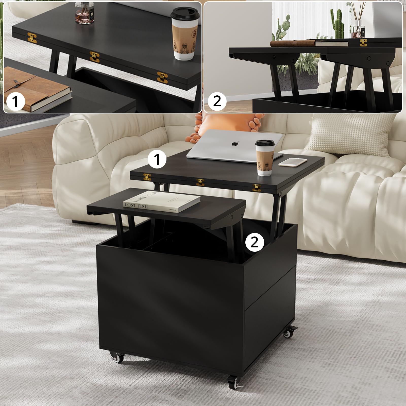 VOWNER Mesa de Centro Elevable Extensible (Negro) | Multifuncional 3 en 1, Convertible en Mesa de Comedor de Salón