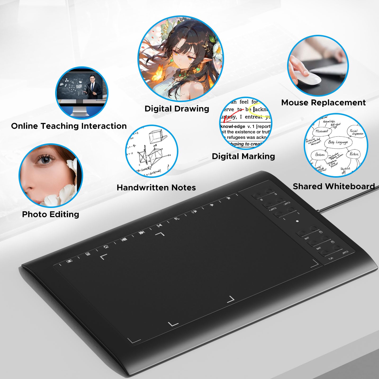 Tableta gráfica digital de 10 x 6 pulgadas con lápiz capacitivo sin batería, 12 teclas de acceso rápido, compatible con Windows, Mac, Android para artistas, diseñadores, enseñanza en línea