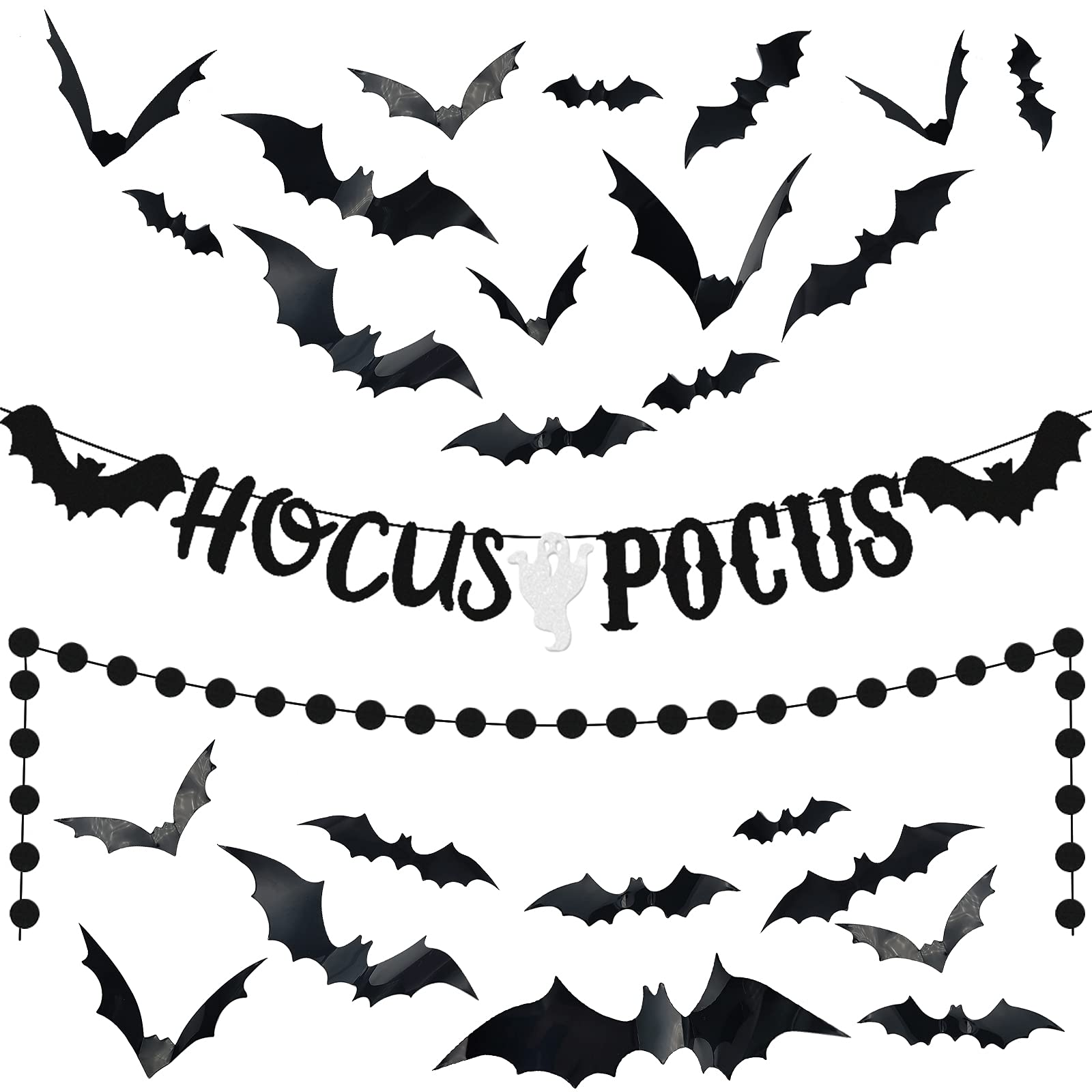 Glittery Hocus Pocus Ghost Bat Banner Hocus Pocus Decor Black Circle Dots Garland 24 Pieces 3D Bats for Haunted House Indoor Outdoor Halloween Birthday Party Decorations Supplies Favors