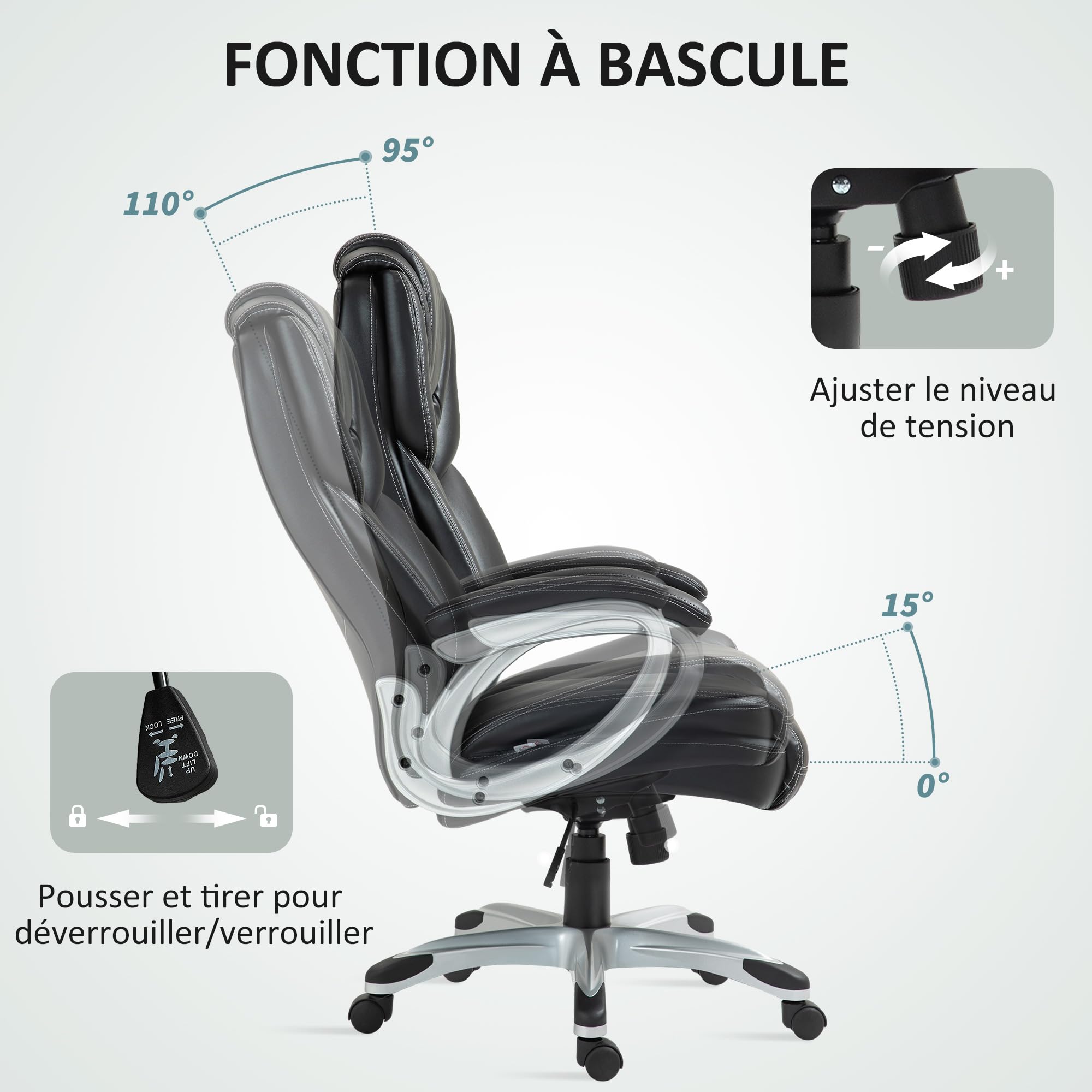 HOMCOM Sedia Ufficio Ergonomica In Pelle Sintetica Marrone - Schienale Alto, Inclinabile E Regolabile In Altezza, Con Rotelle - 5