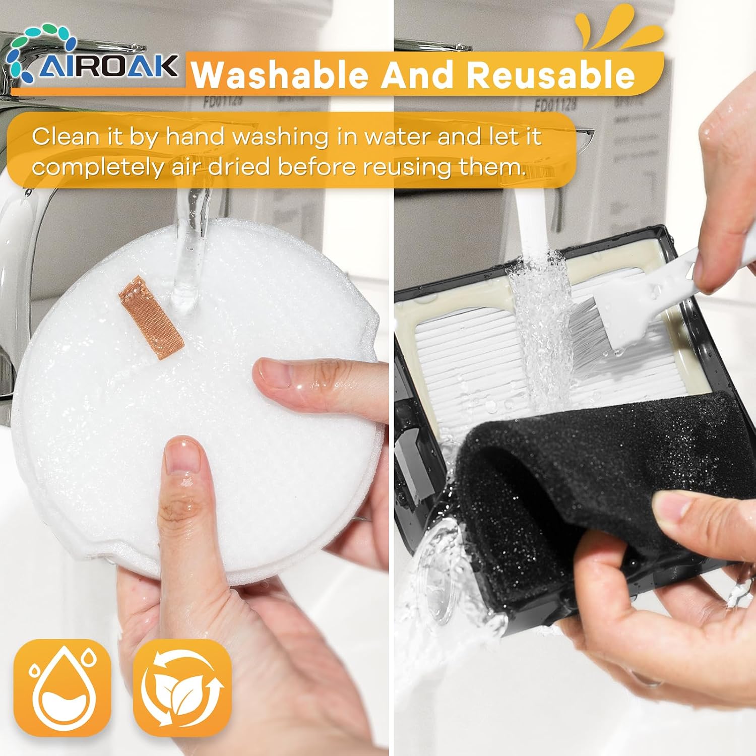 Image showing hands rinsing a foam filter and a HEPA filter under running water, with text indicating the filters are washable and reusable.