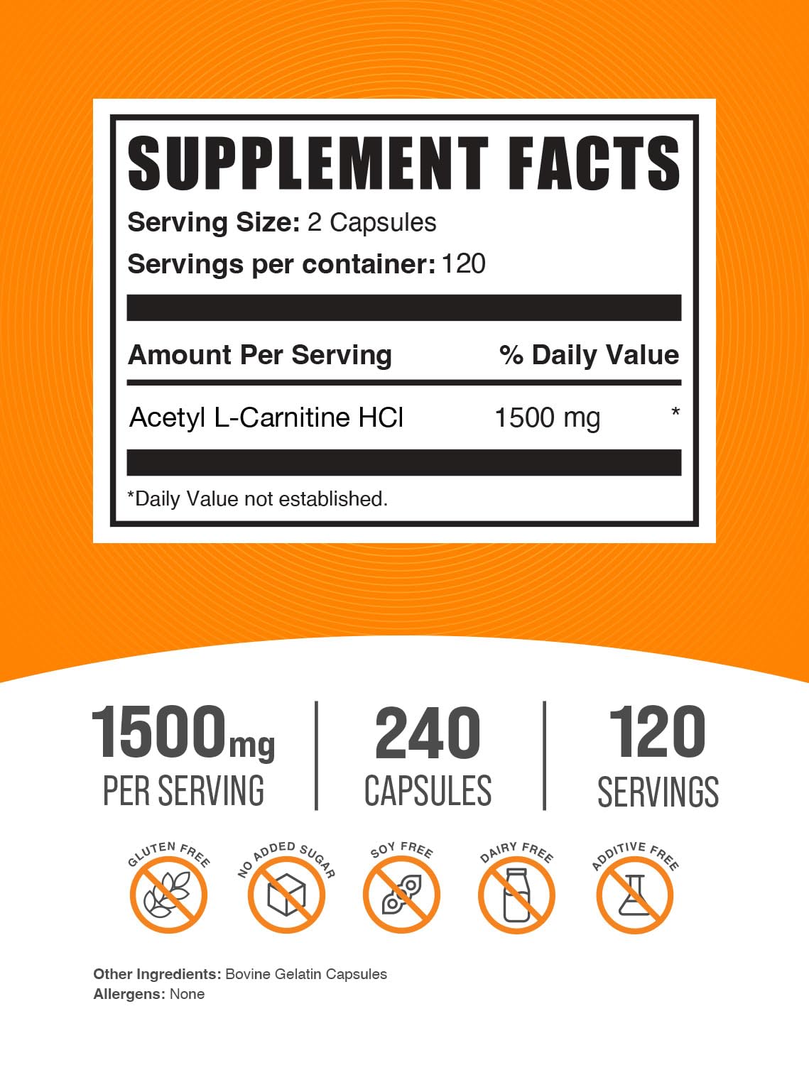BulkSupplements.com Acetyl L-Carnitine Capsules - ALCAR HCl, Carnitine Supplement - ALCAR Capsules, Acetyl L-Carnitine 1500mg - Gluten Free, 2 Capsules per Serving, 240 Capsules — Amazon image 2