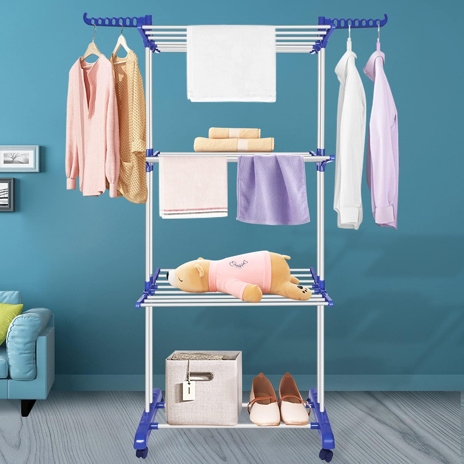 Clothes Drying Rack, Stainless Steel Oversized 4-Tier Collapsible Rolling Drying Rack Clothing Folding Laundry Drying Rack Stand Indoor/Outdoor with Side Wings and Casters Gray Blue