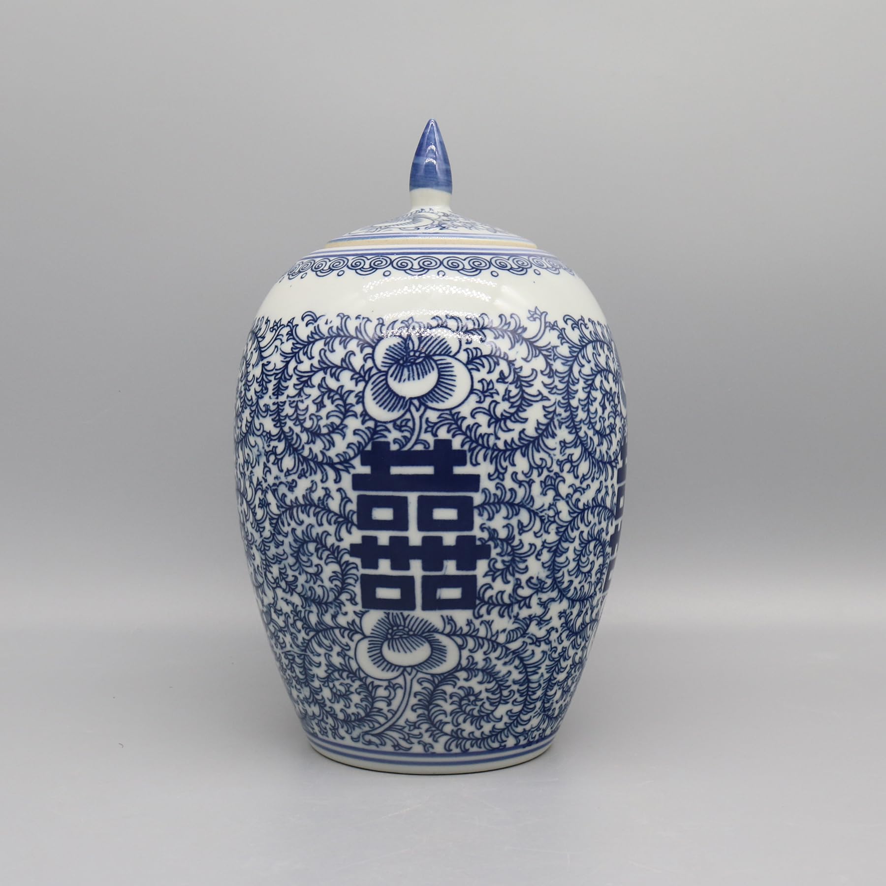 Traditional Blue and White Ceramic Ginger Jar, Double Happiness Design, Decorative Lidded Vase